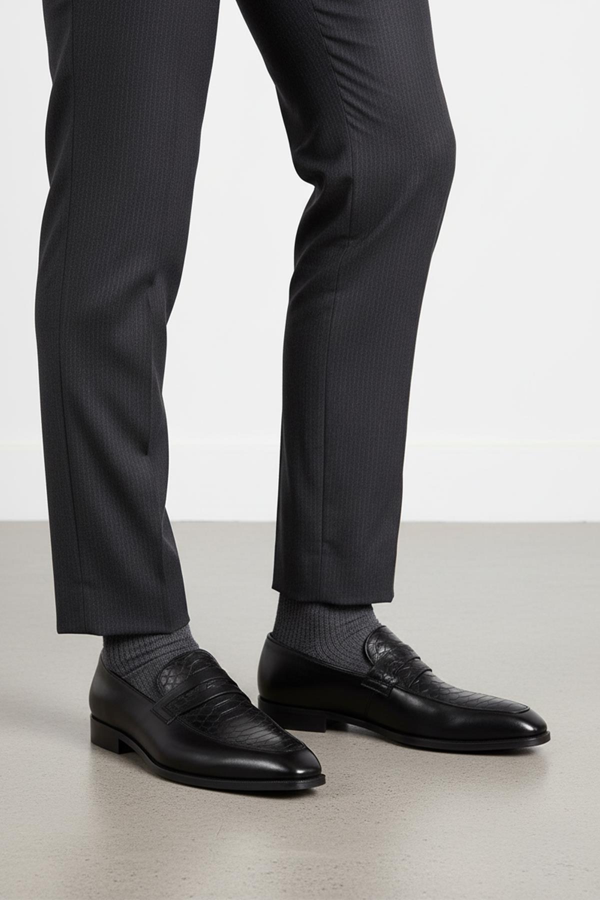 Erkek Hakiki Deri Siyah Kroko Ayakkabı