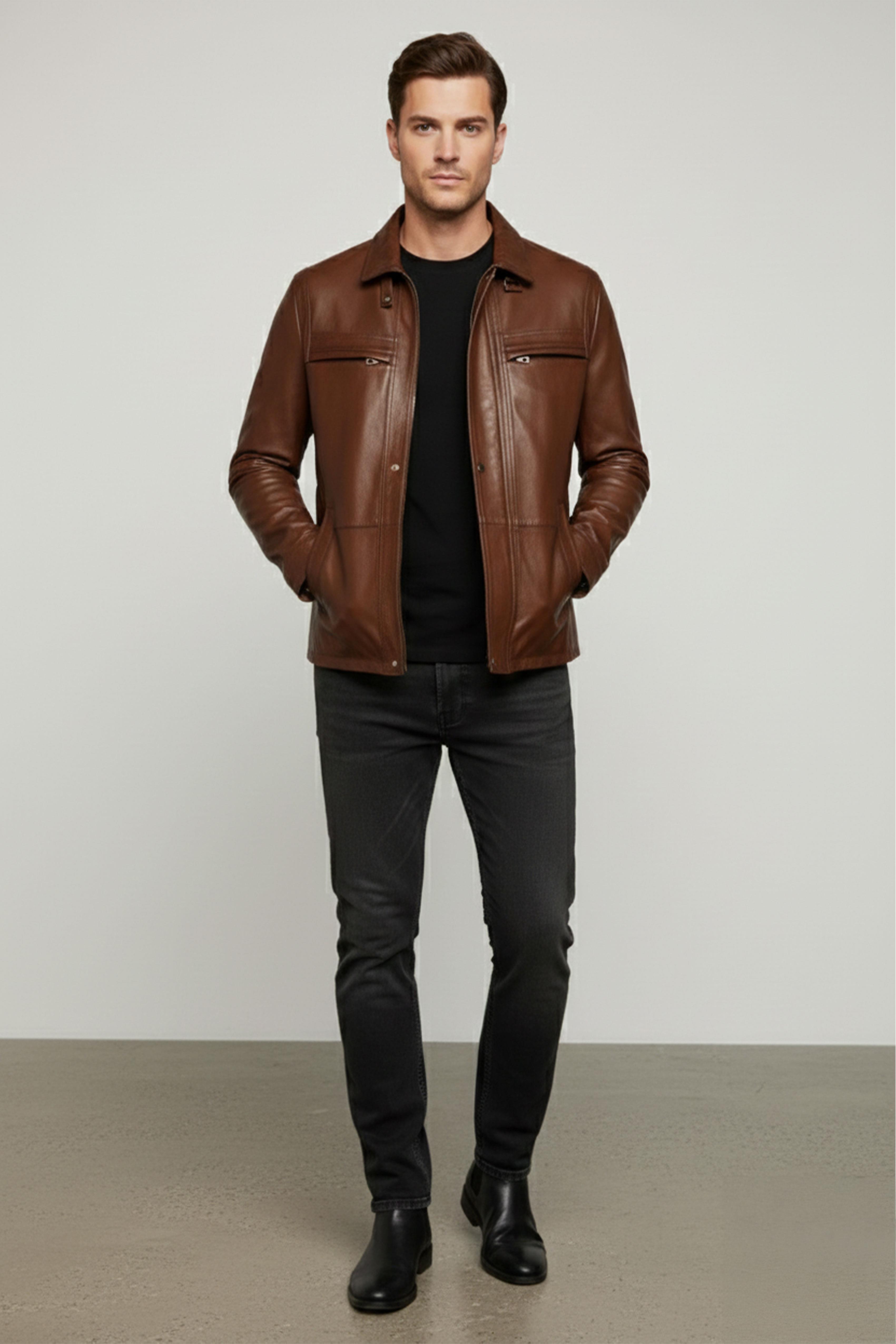 Erkek Kahverengi Hakiki Deri Dik Yaka Ceket