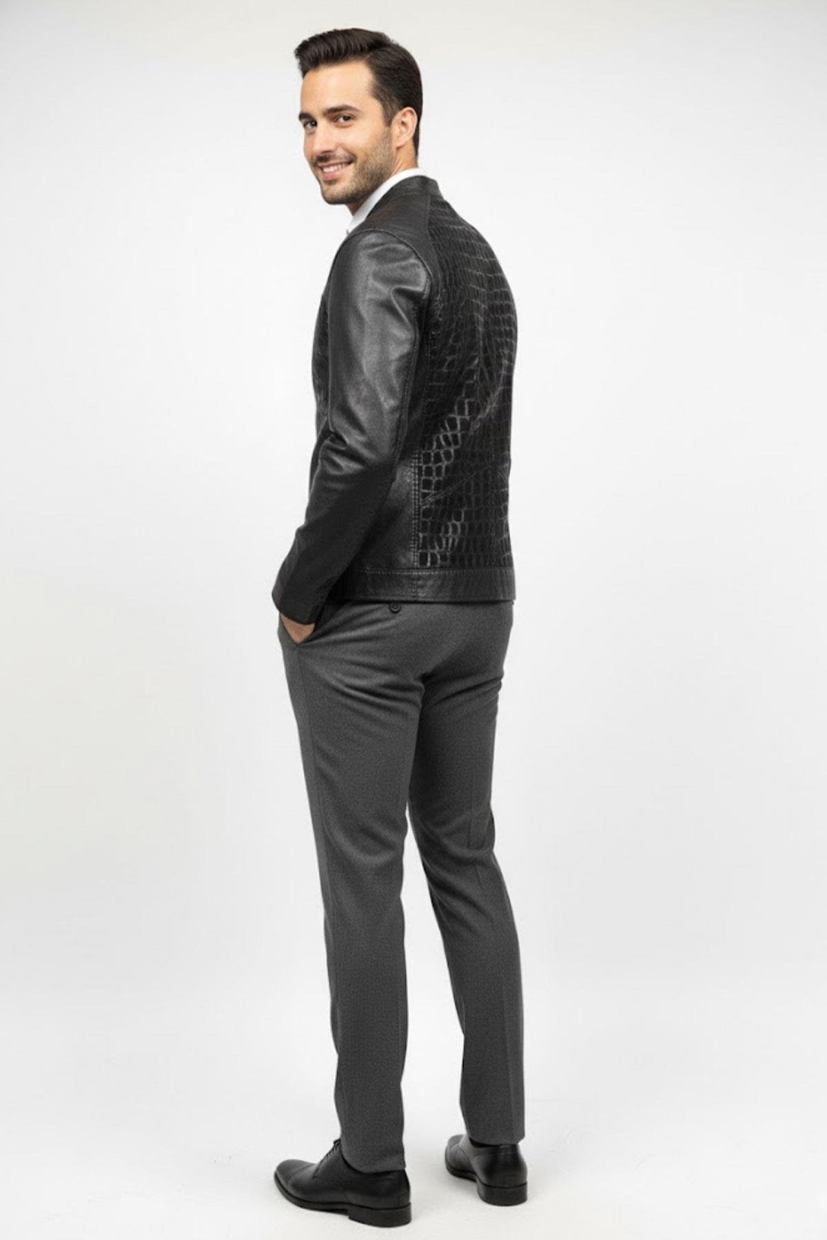 Ethan Deri Görünümlü Fermuarlı Erkek Ceket – Siyah