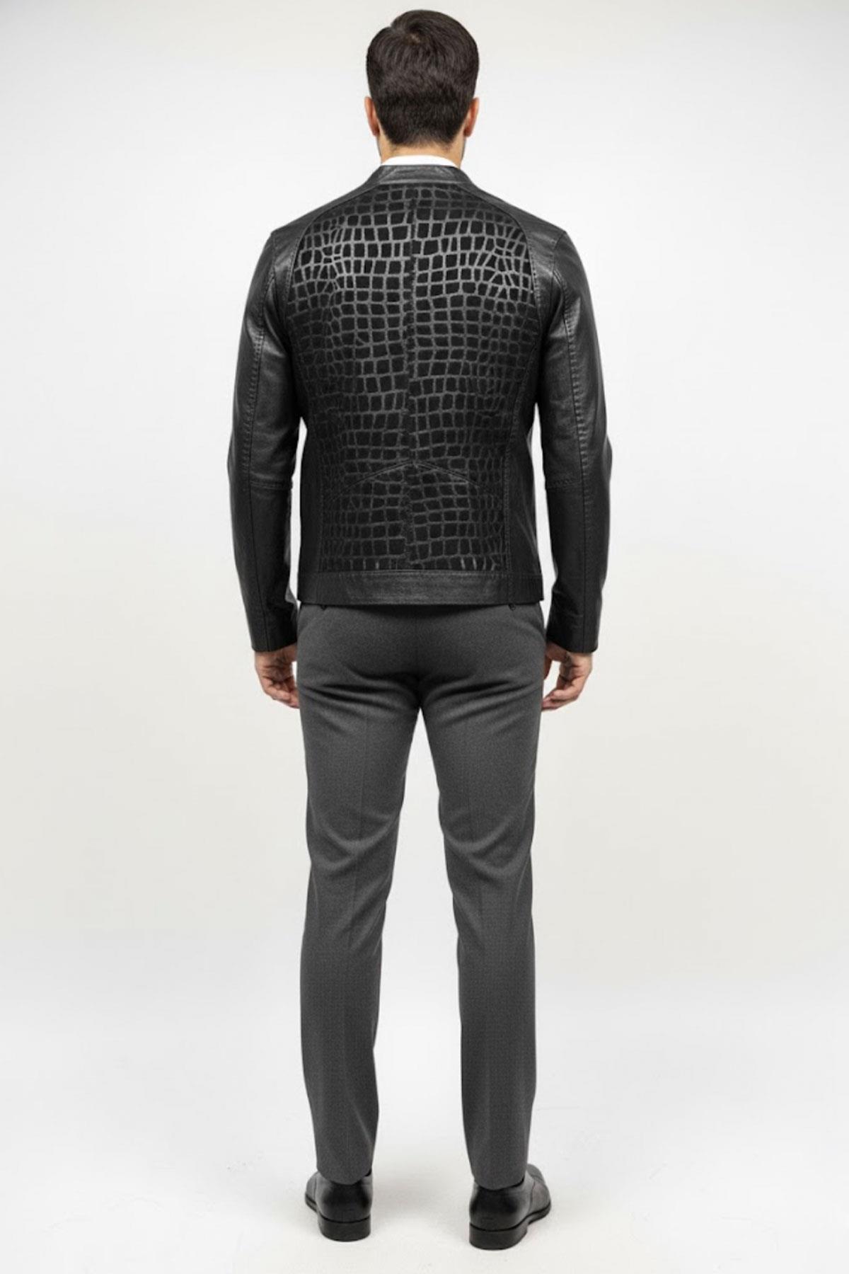 Ethan Deri Görünümlü Fermuarlı Erkek Ceket – Siyah