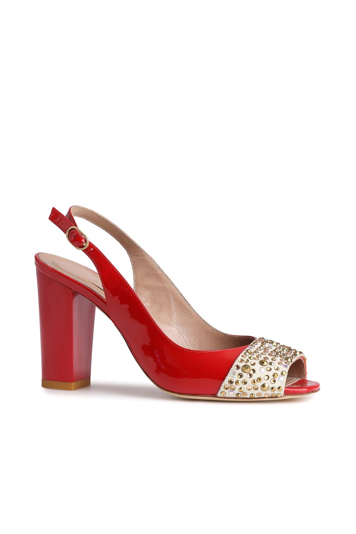 Glam Taşlı Kırmızı Rugan Topuklu Ayakkabı