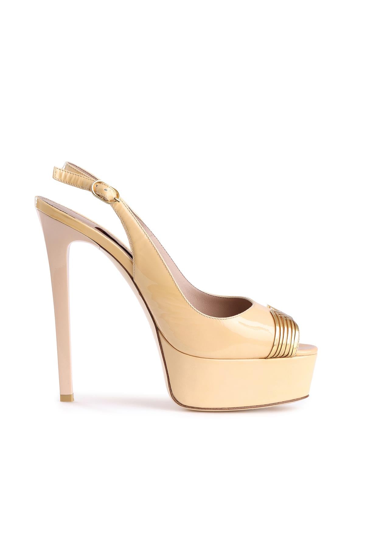 Gold Accent Nude Platform Topuklu Ayakkabı 