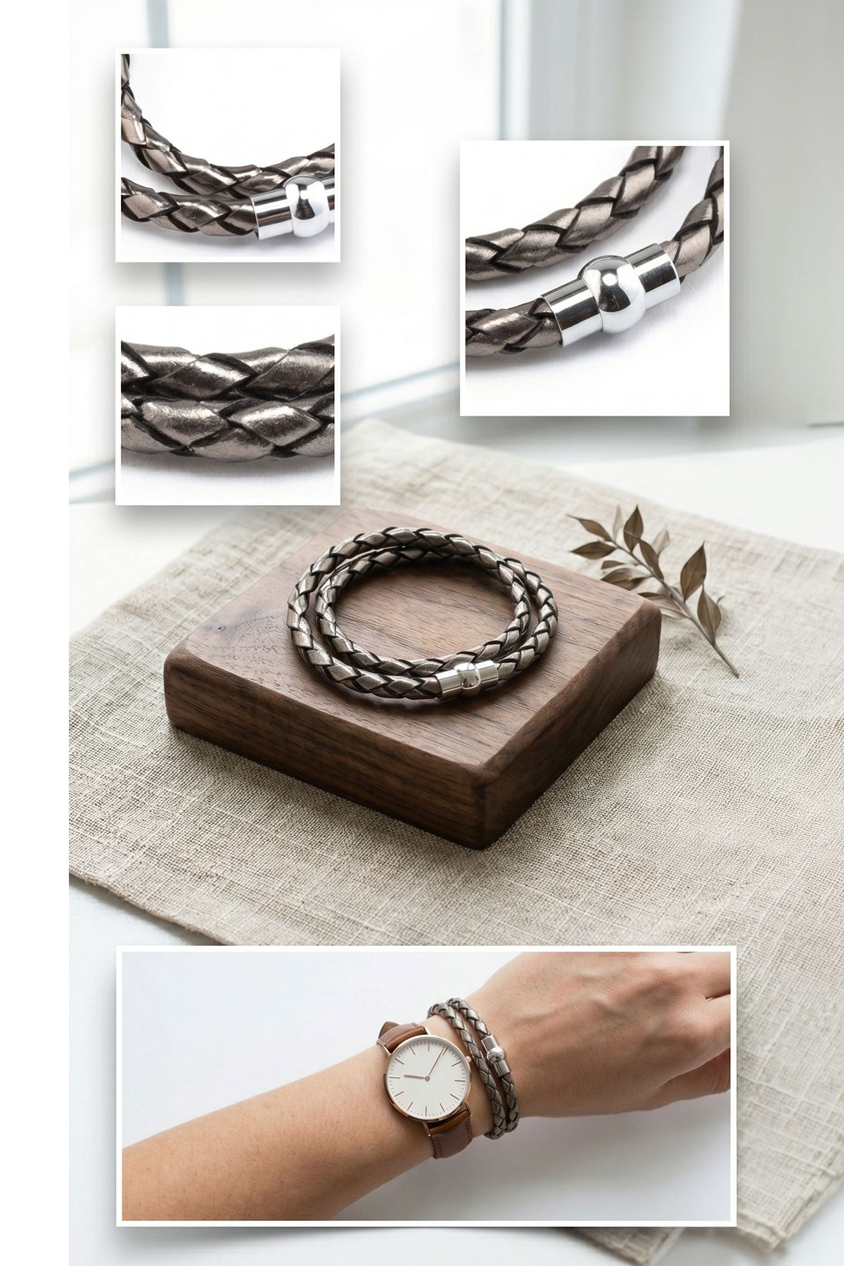 Gray Knitted Leather Bracelet