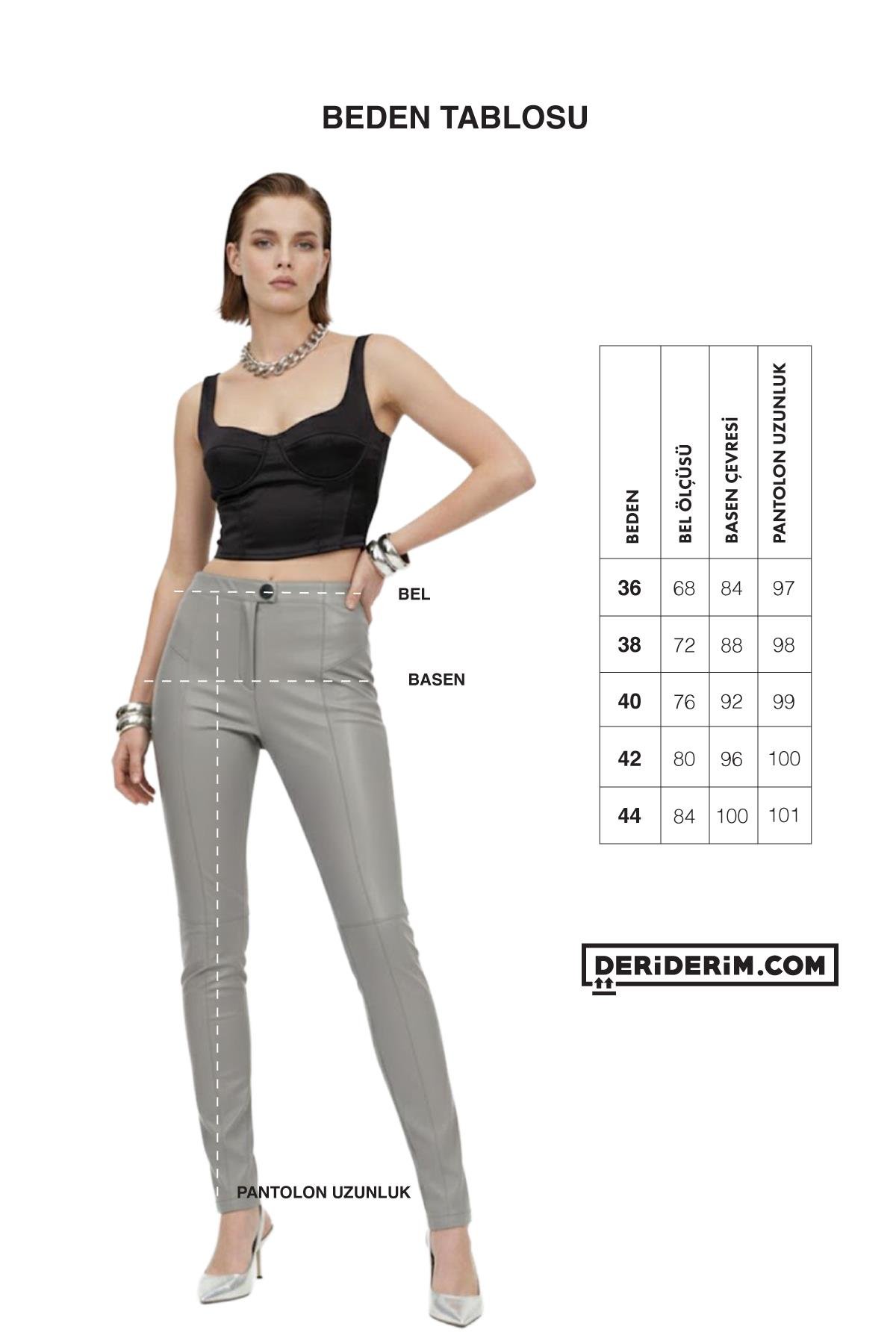 Gri Kadın Tayt Astarsız Önden Fermuarlı Düğmeli Cepsiz Dar Paça Hakiki Streç Deri Pantolon