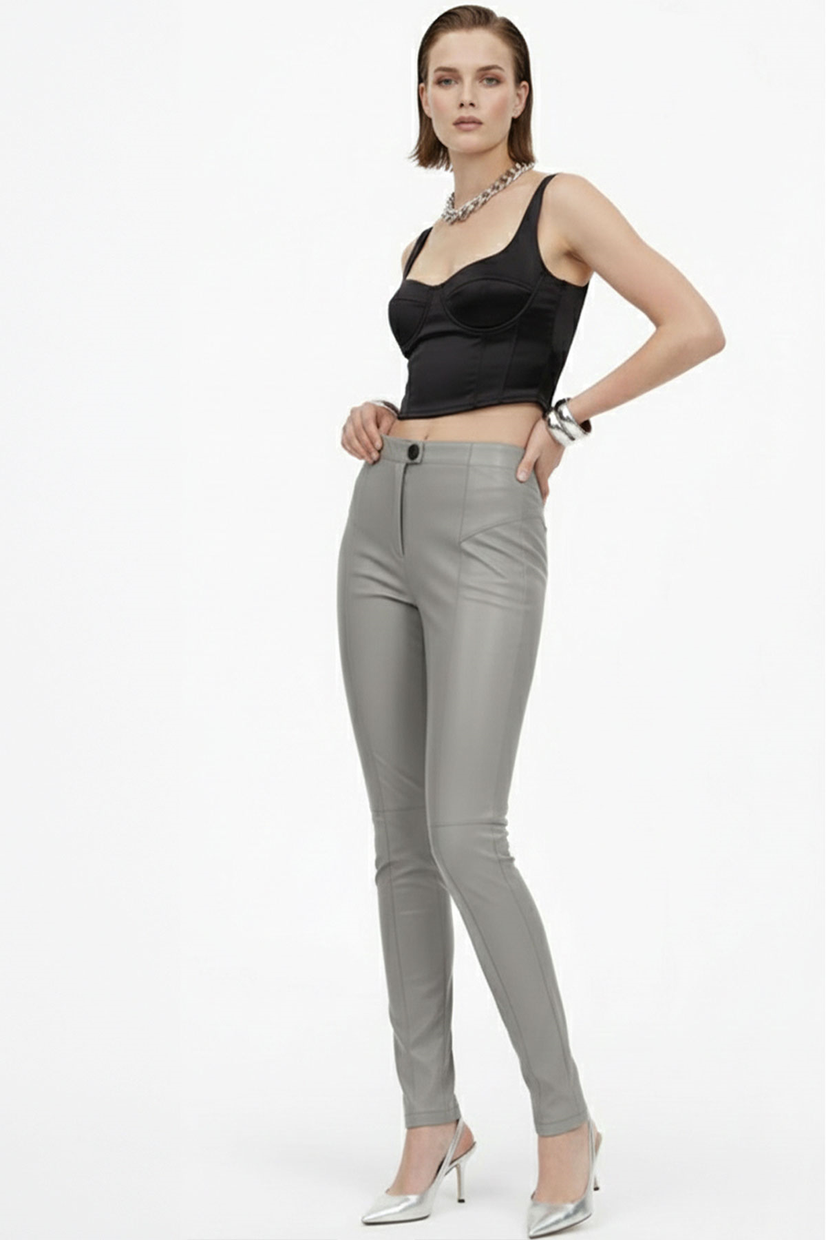 Gri Kadın Tayt Astarsız Önden Fermuarlı Düğmeli Cepsiz Dar Paça Hakiki Streç Deri Pantolon