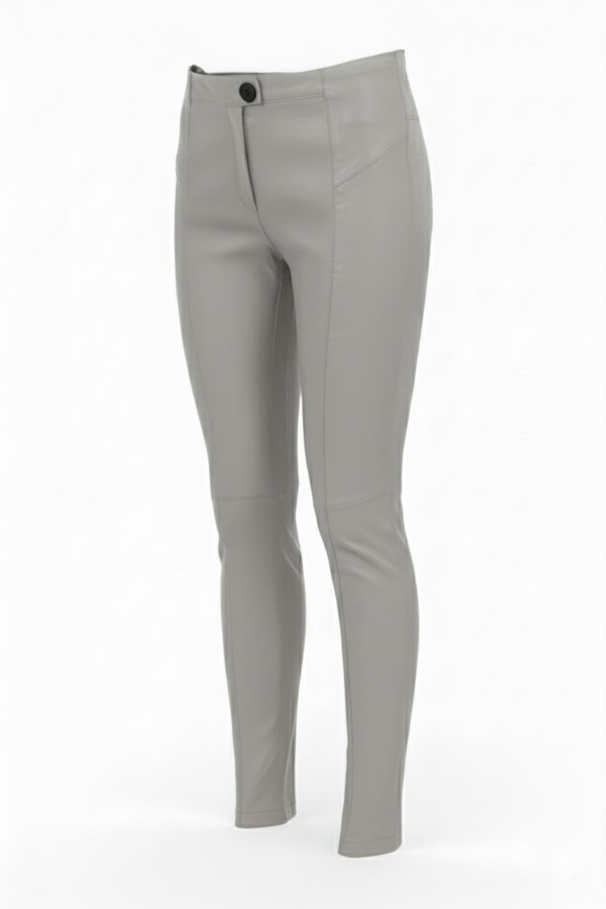 Gri Kadın Tayt Astarsız Önden Fermuarlı Düğmeli Cepsiz Dar Paça Hakiki Streç Deri Pantolon
