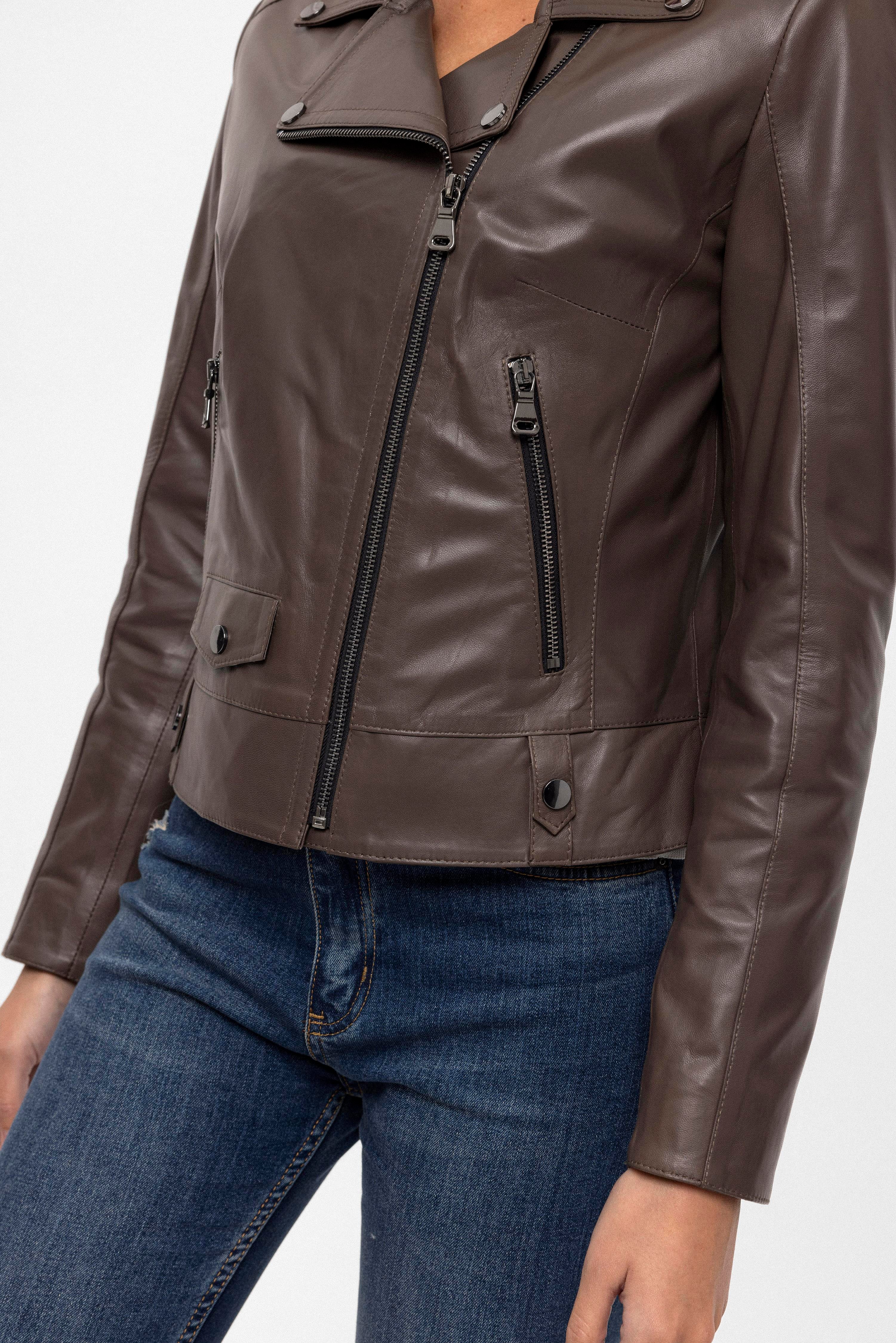 Gri Merlot Çıt Çıt Detaylı Yandan Fermuarlı Biker Motorcu Hakiki Deri Kadın Mont