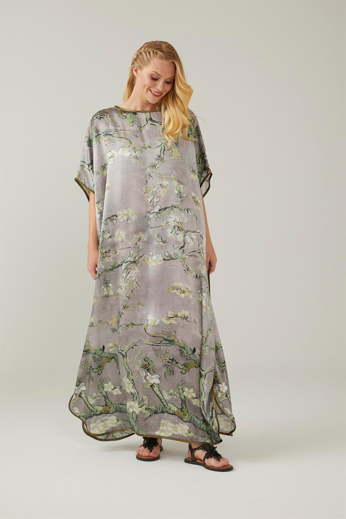 Gri Van Gogh Almond Blossoms Desenli İpek Elbise