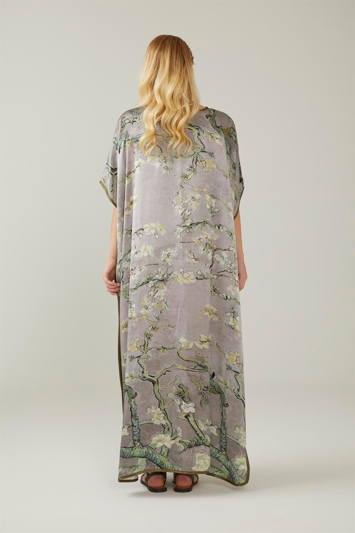 Gri Van Gogh Almond Blossoms Desenli İpek Elbise