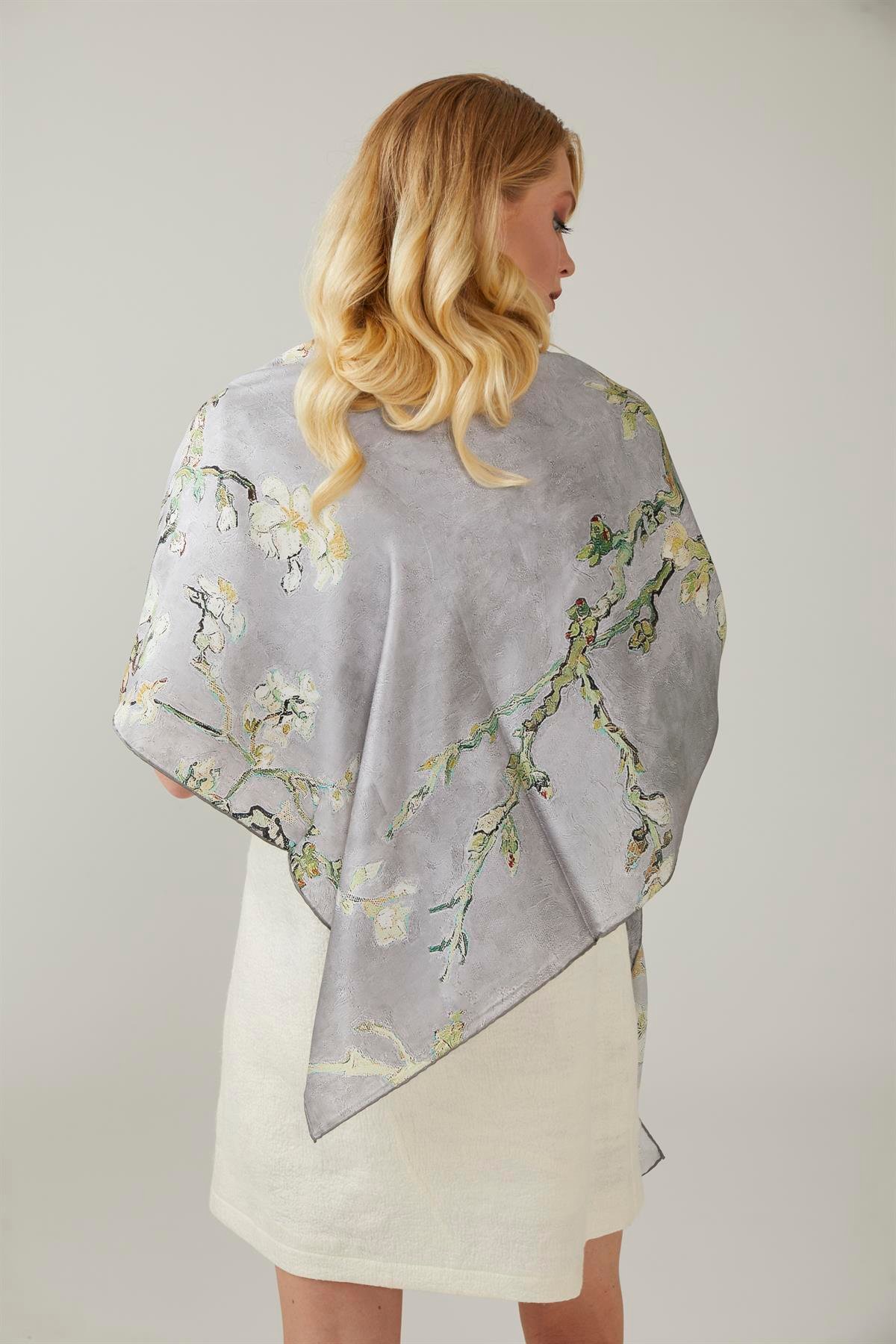 Gri Van Gogh Almond Blossoms Kare 140x140 Ipek Şal Eşarp