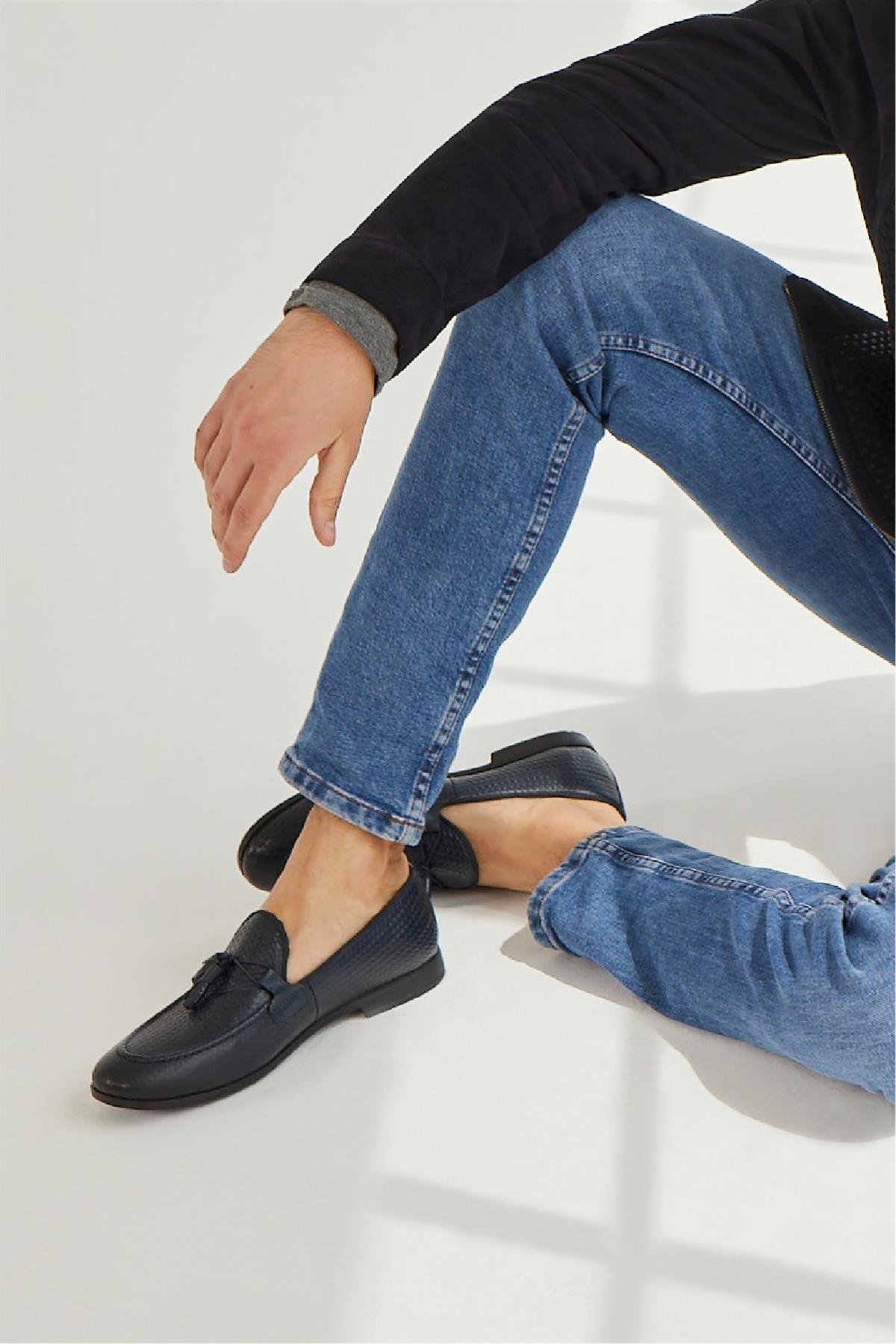 Grotto Lacivert Püskül Detaylı Erkek Hakiki Klasik Örgü Deri Ayakkabı