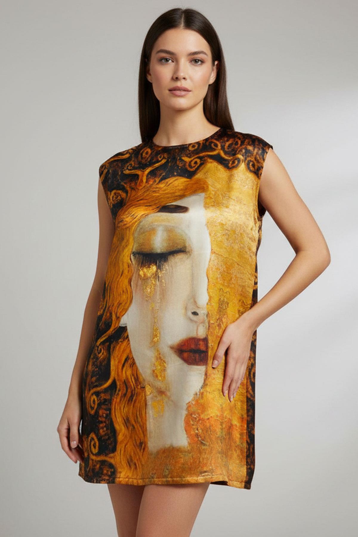 Gustav Klimt “Ağlayan Kadın” Sanat Baskılı İpek Elbise