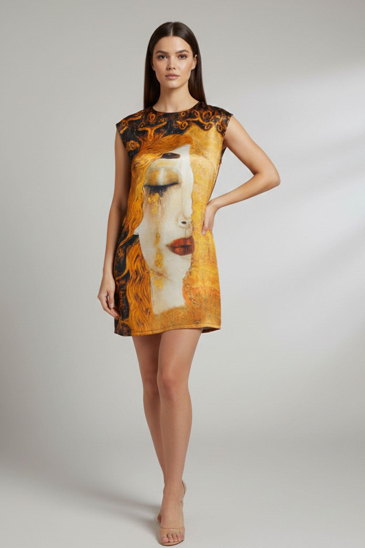 Gustav Klimt “Ağlayan Kadın” Sanat Baskılı İpek Elbise