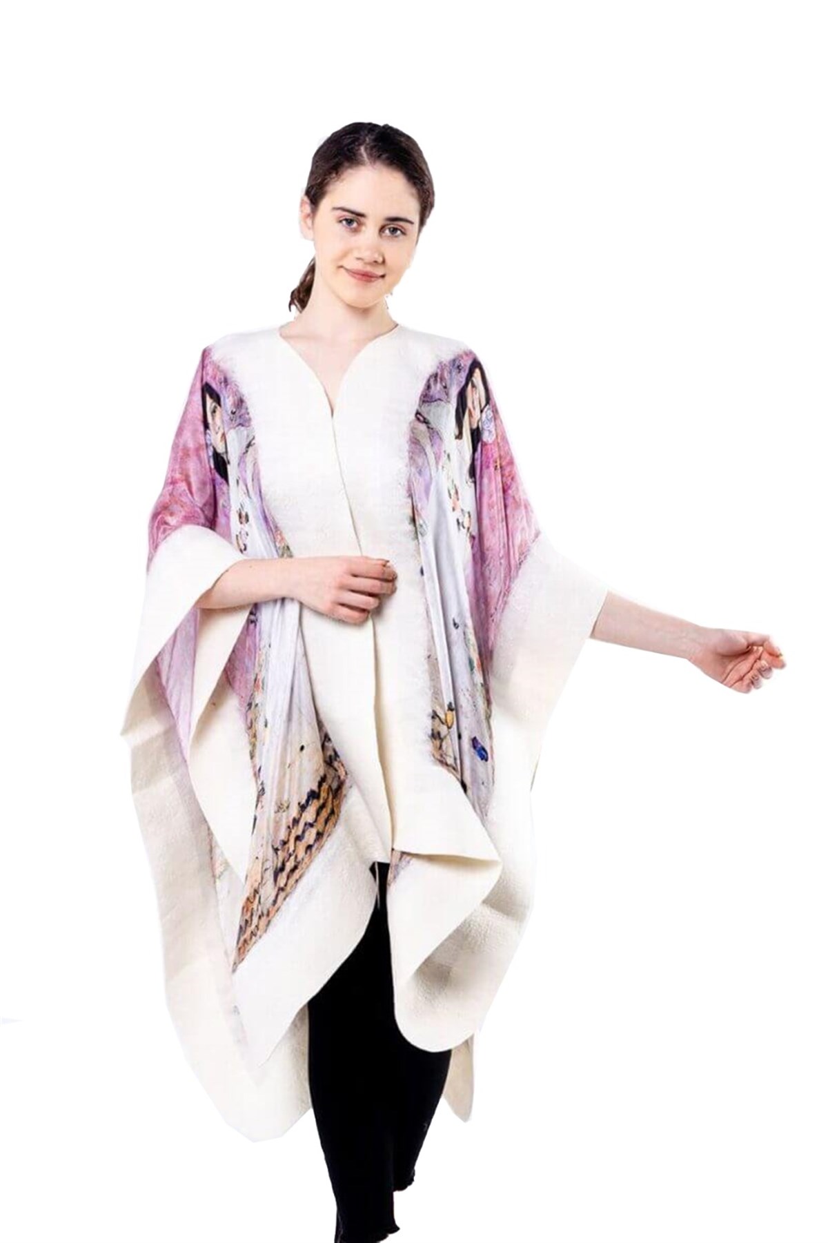 Gustav Klimt Mada Primavesi Beyaz İpek Keçe Panço