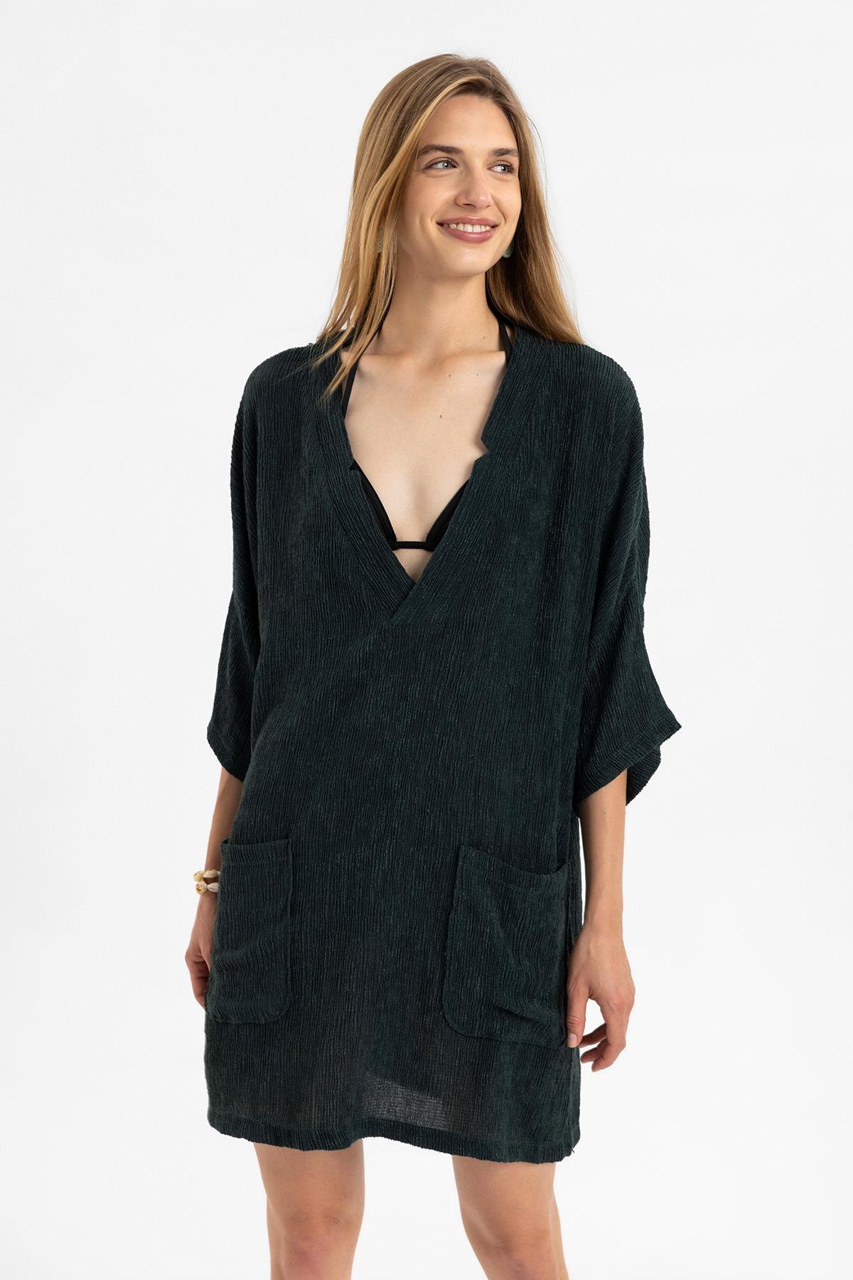 Haki Kısa Kollu V Yaka Torba Cepli Bol Kesim Pamuklu Plaj Elbise