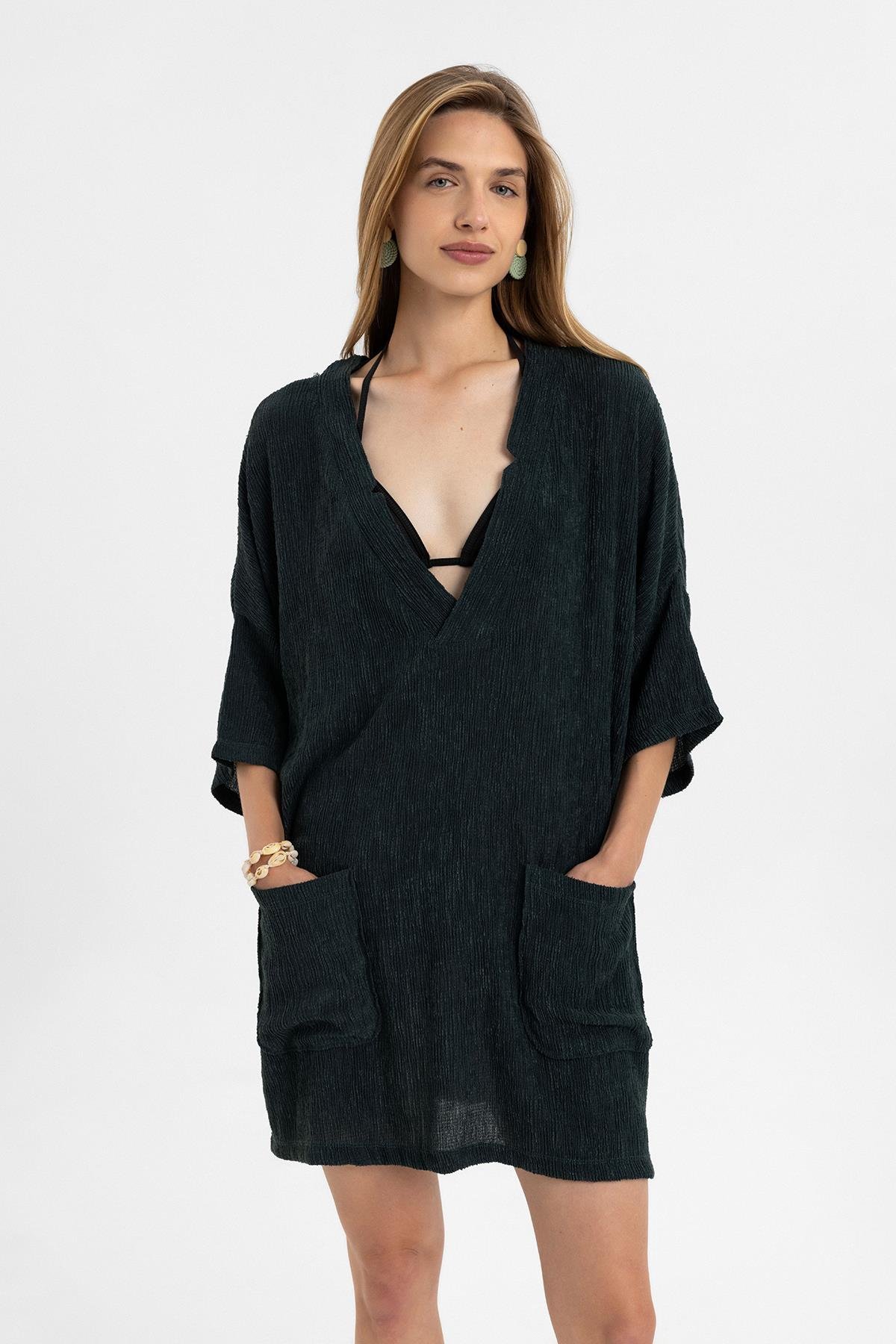 Haki Kısa Kollu V Yaka Torba Cepli Bol Kesim Pamuklu Plaj Elbise