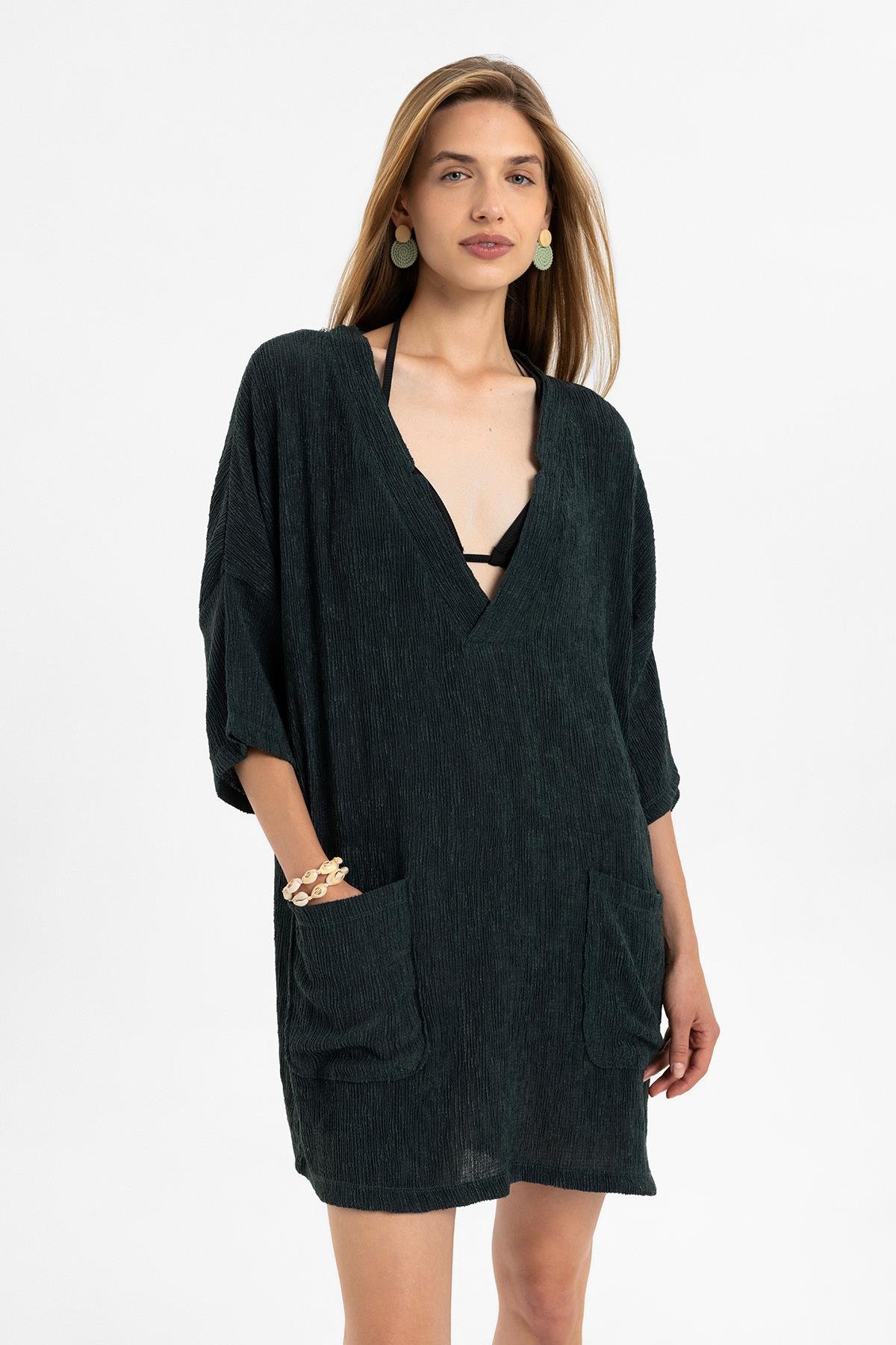 Haki Kısa Kollu V Yaka Torba Cepli Bol Kesim Pamuklu Plaj Elbise