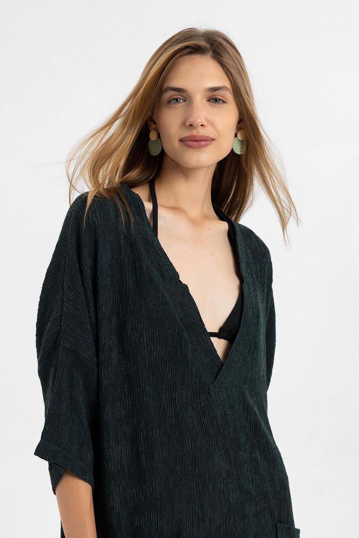 Haki Kısa Kollu V Yaka Torba Cepli Bol Kesim Pamuklu Plaj Elbise