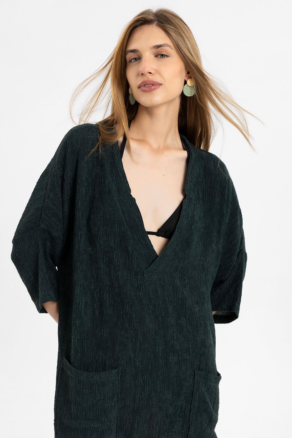 Haki Kısa Kollu V Yaka Torba Cepli Bol Kesim Pamuklu Plaj Elbise