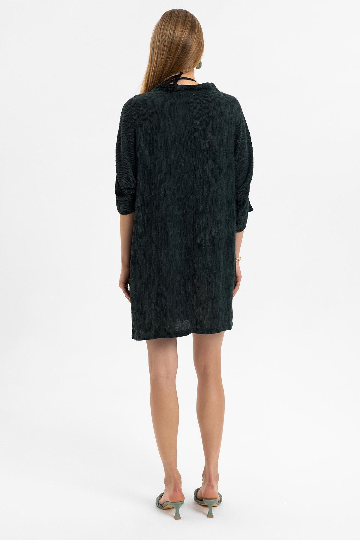 Haki Kısa Kollu V Yaka Torba Cepli Bol Kesim Pamuklu Plaj Elbise