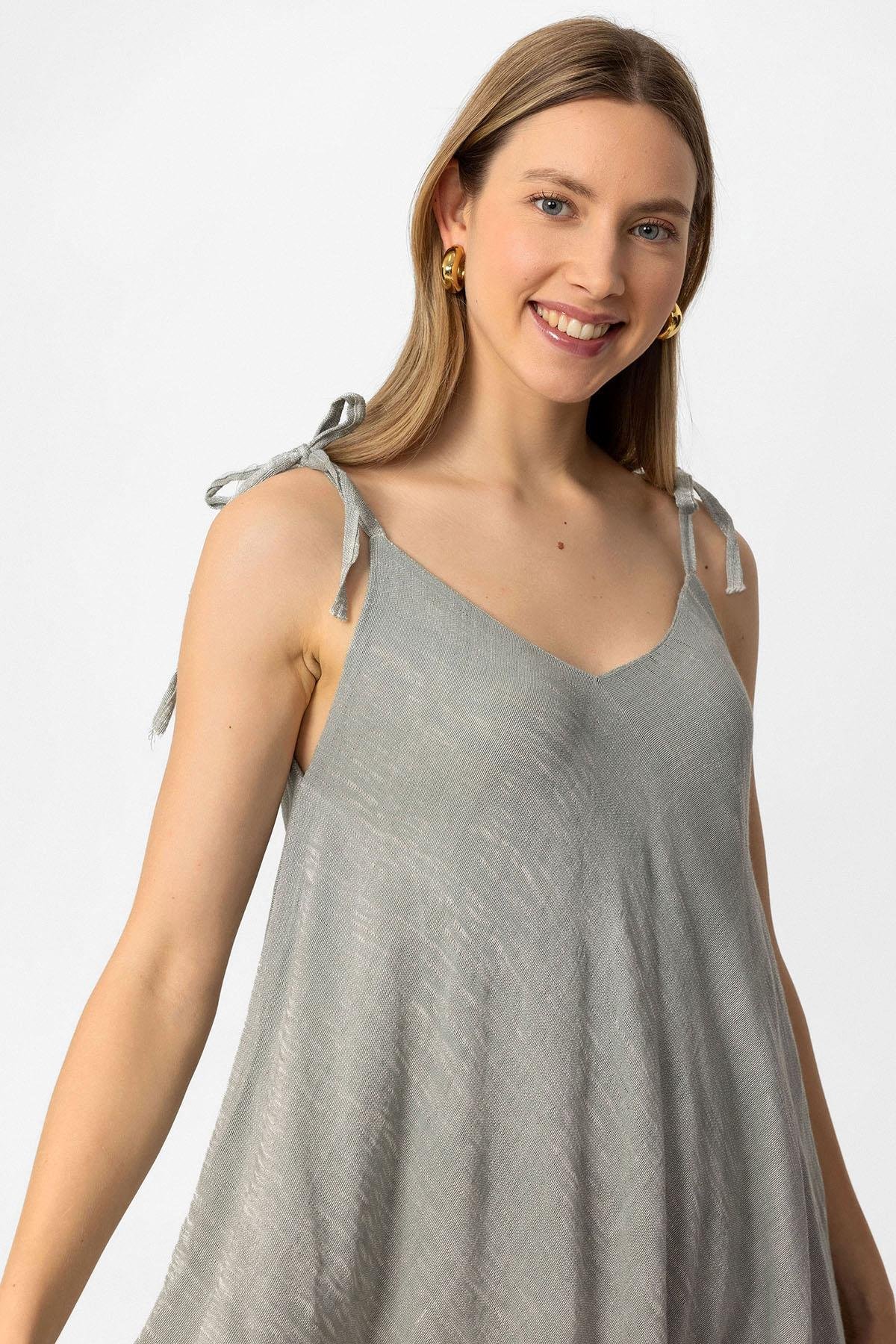 Haki Şile Bezi Askılı Kolsuz Asimetrik Yazlık Astarsız Plaj Pamuklu Elbise