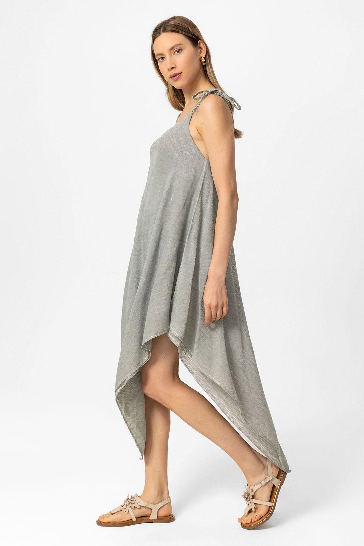 Haki Şile Bezi Askılı Kolsuz Asimetrik Yazlık Astarsız Plaj Pamuklu Elbise