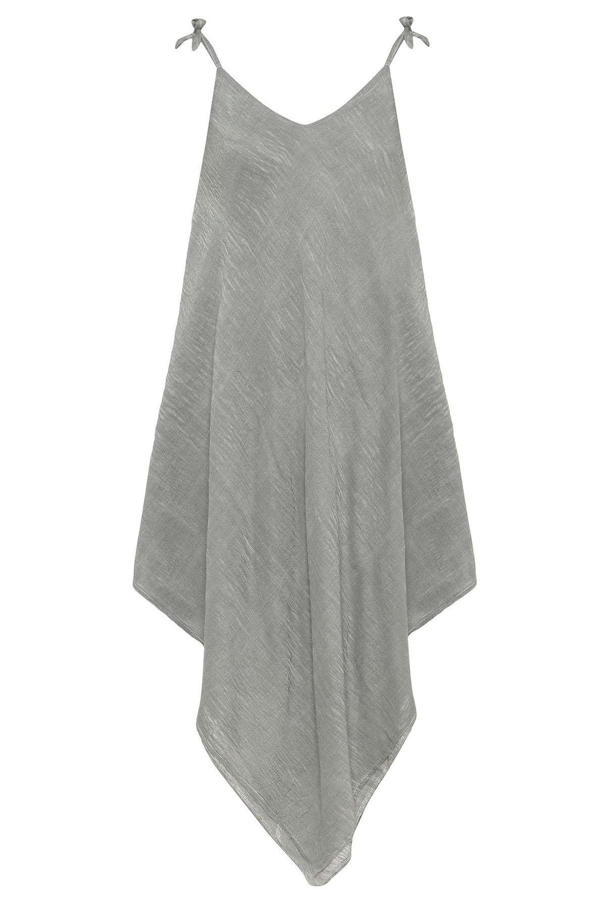 Haki Şile Bezi Askılı Kolsuz Asimetrik Yazlık Astarsız Plaj Pamuklu Elbise