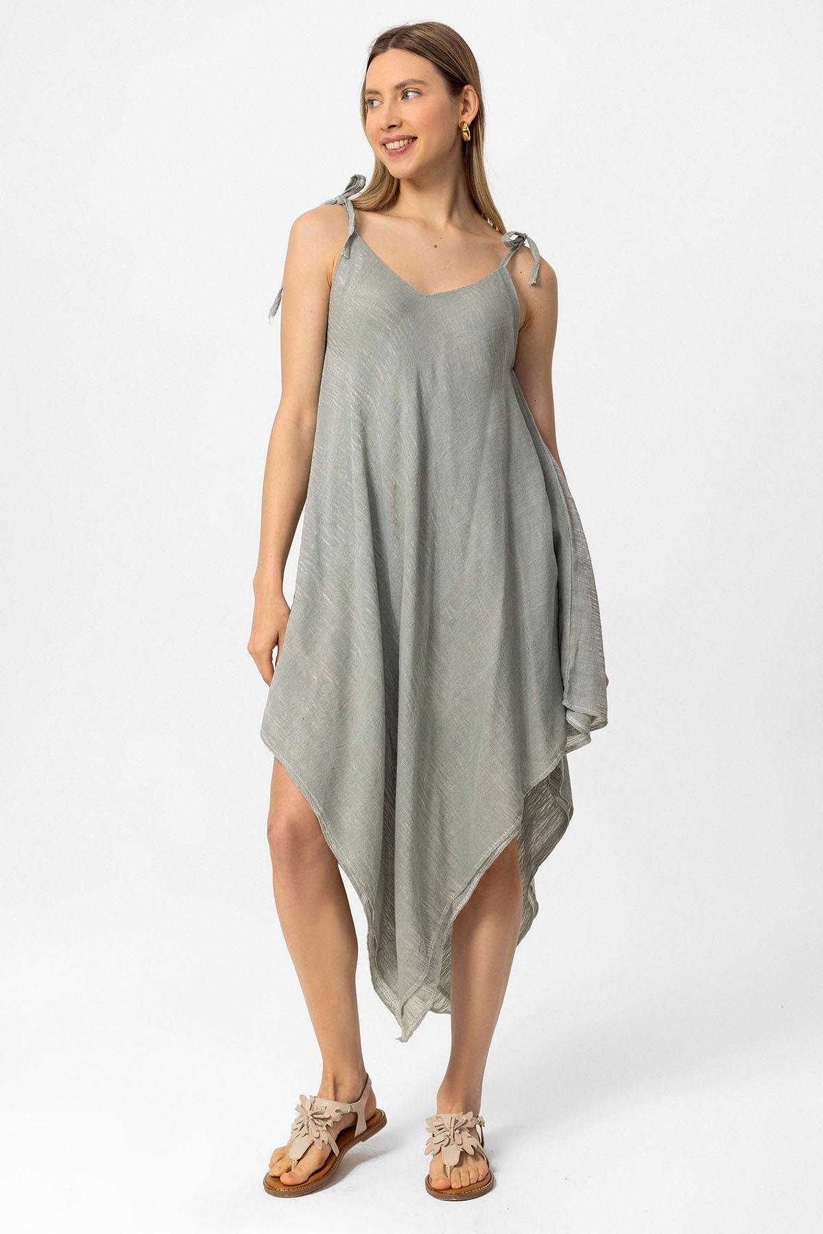 Haki Şile Bezi Askılı Kolsuz Asimetrik Yazlık Astarsız Plaj Pamuklu Elbise