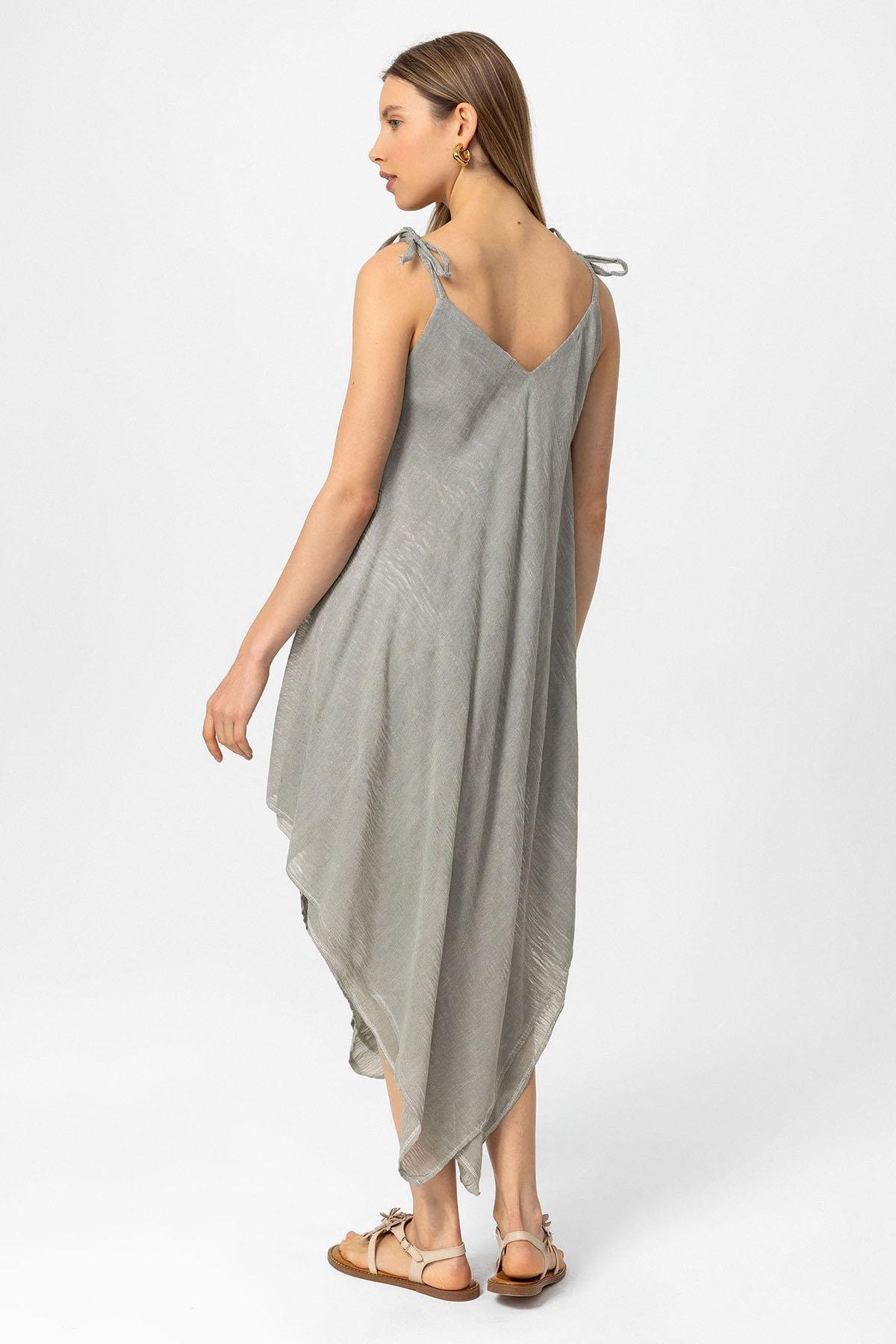 Haki Şile Bezi Askılı Kolsuz Asimetrik Yazlık Astarsız Plaj Pamuklu Elbise