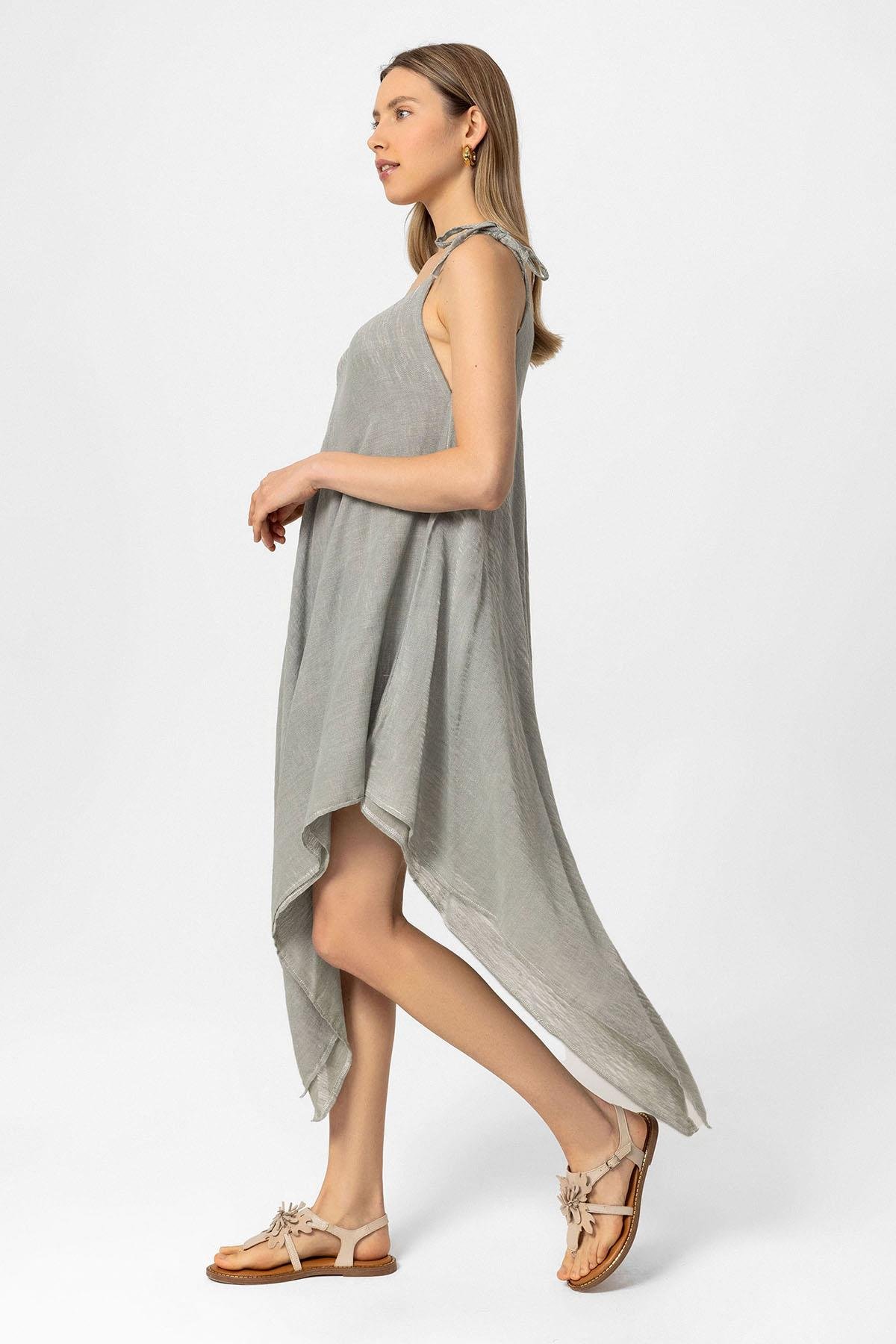 Haki Şile Bezi Askılı Kolsuz Asimetrik Yazlık Astarsız Plaj Pamuklu Elbise