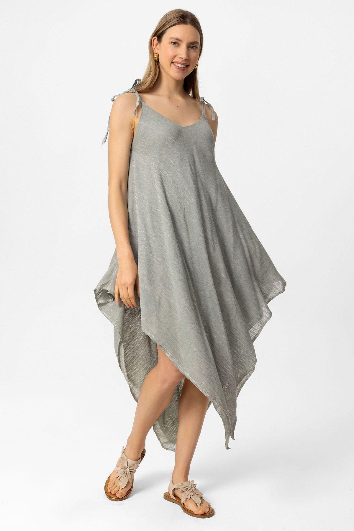 Haki Şile Bezi Askılı Kolsuz Asimetrik Yazlık Astarsız Plaj Pamuklu Elbise