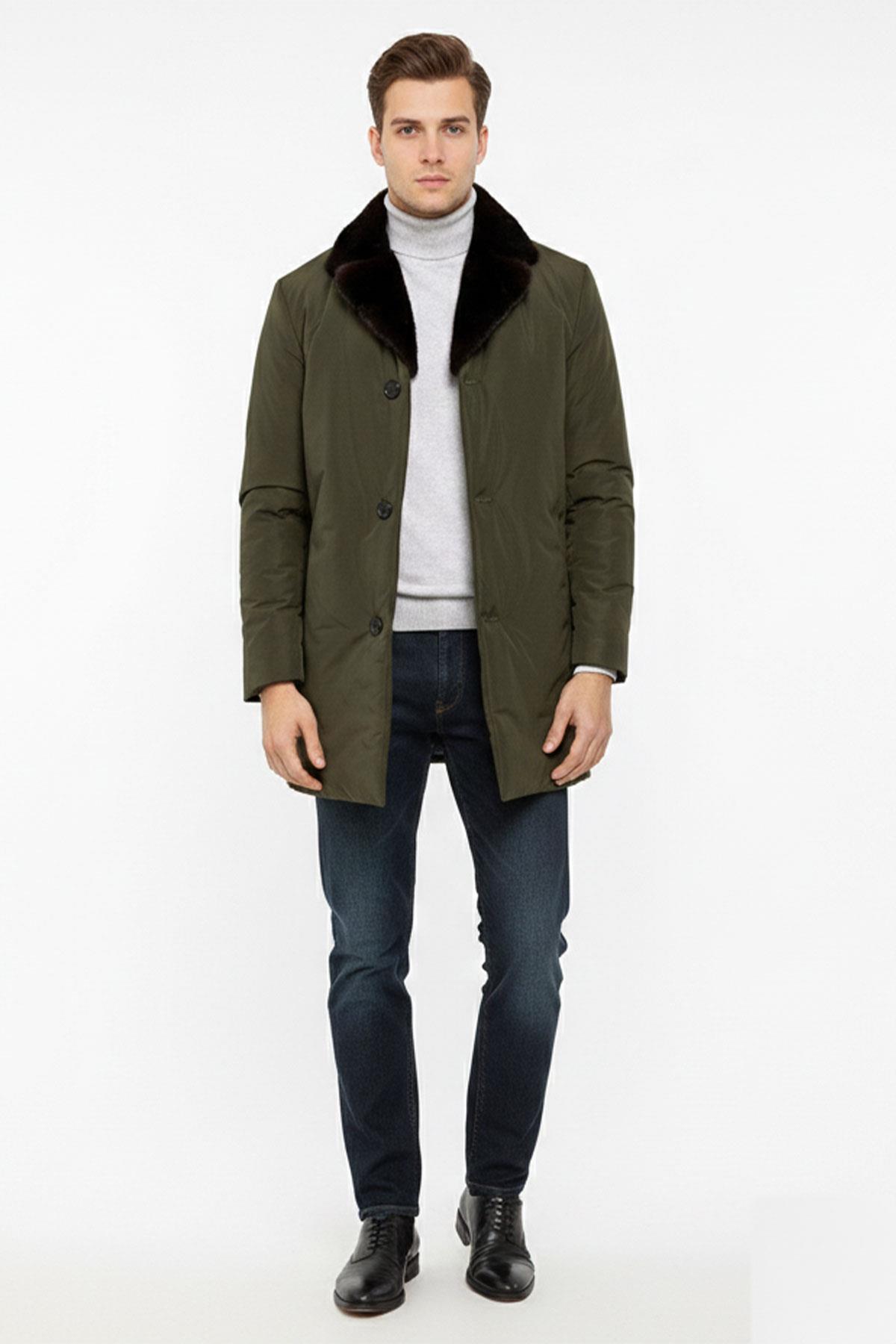 Haki Yeşil Kumaş Hugo Yakası Kürk Su Geçirmez Erkek Kaban