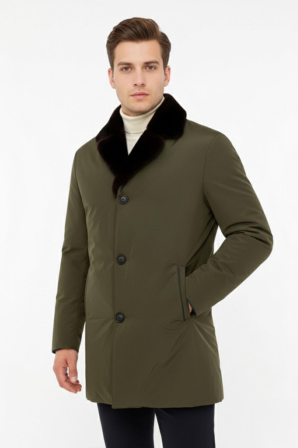 Haki Yeşil Kumaş Hugo Yakası Kürk Su Geçirmez Erkek Kaban
