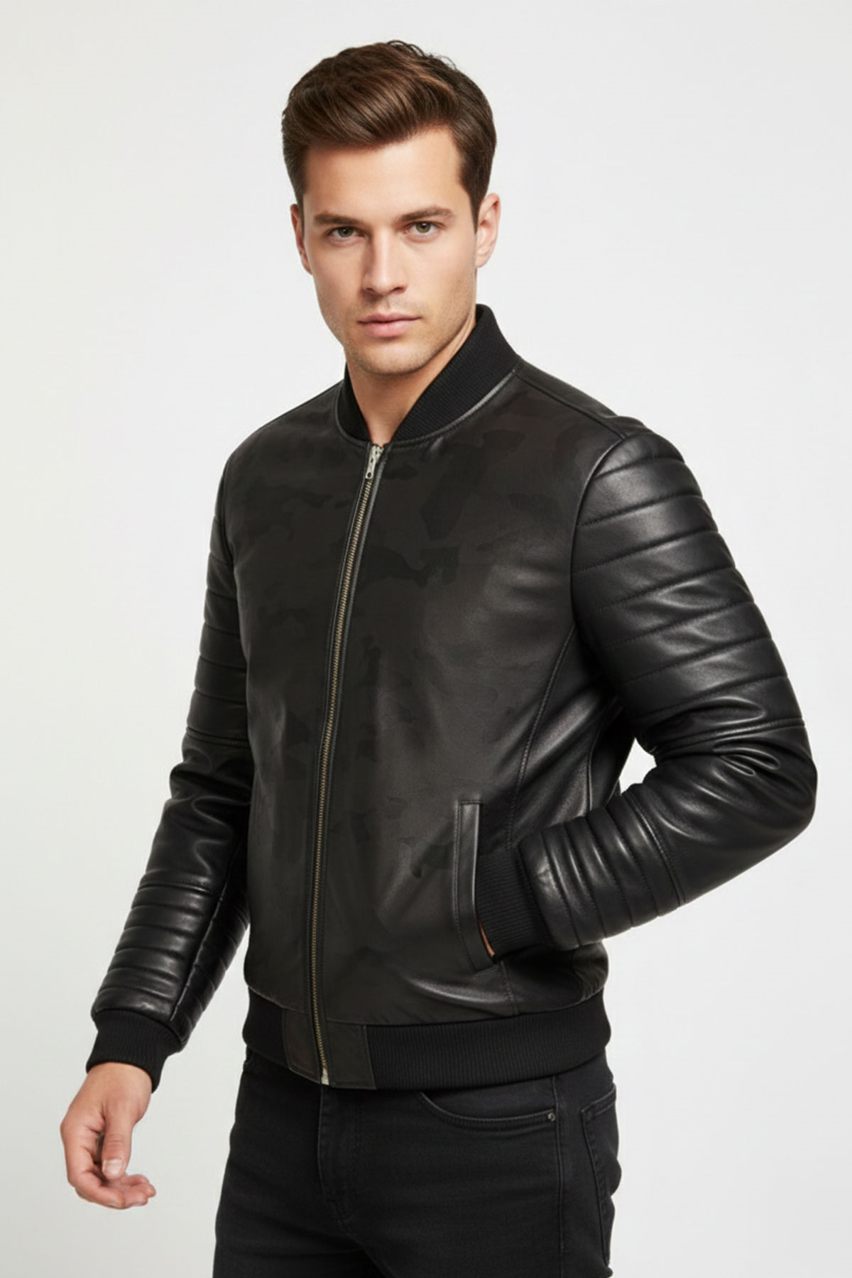 Hakiki Deri Kapitone Kollu Siyah Bomber Ceket