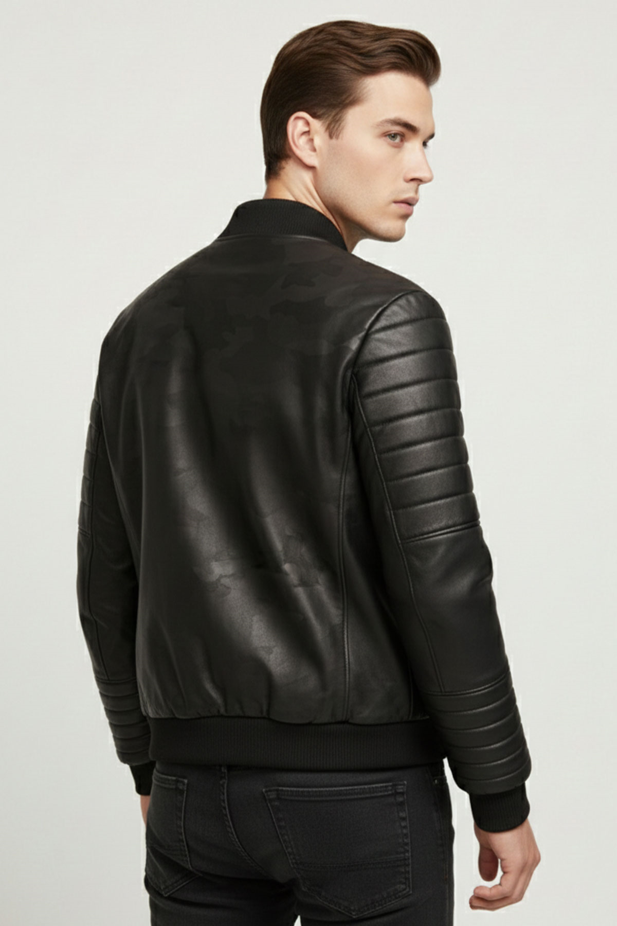 Hakiki Deri Kapitone Kollu Siyah Bomber Ceket