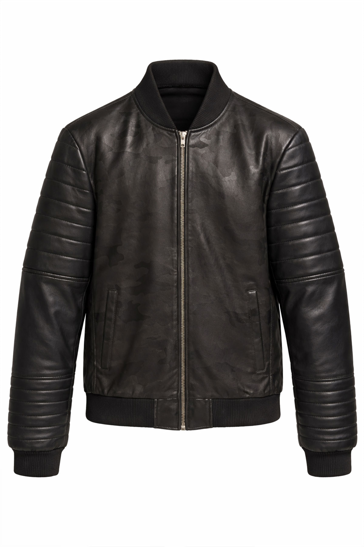 Hakiki Deri Kapitone Kollu Siyah Bomber Ceket