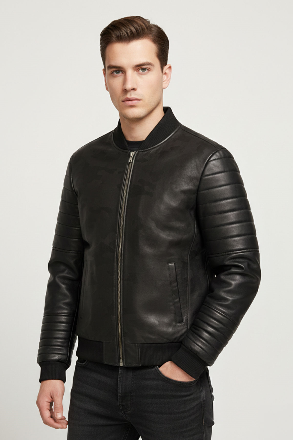 Hakiki Deri Kapitone Kollu Siyah Bomber Ceket