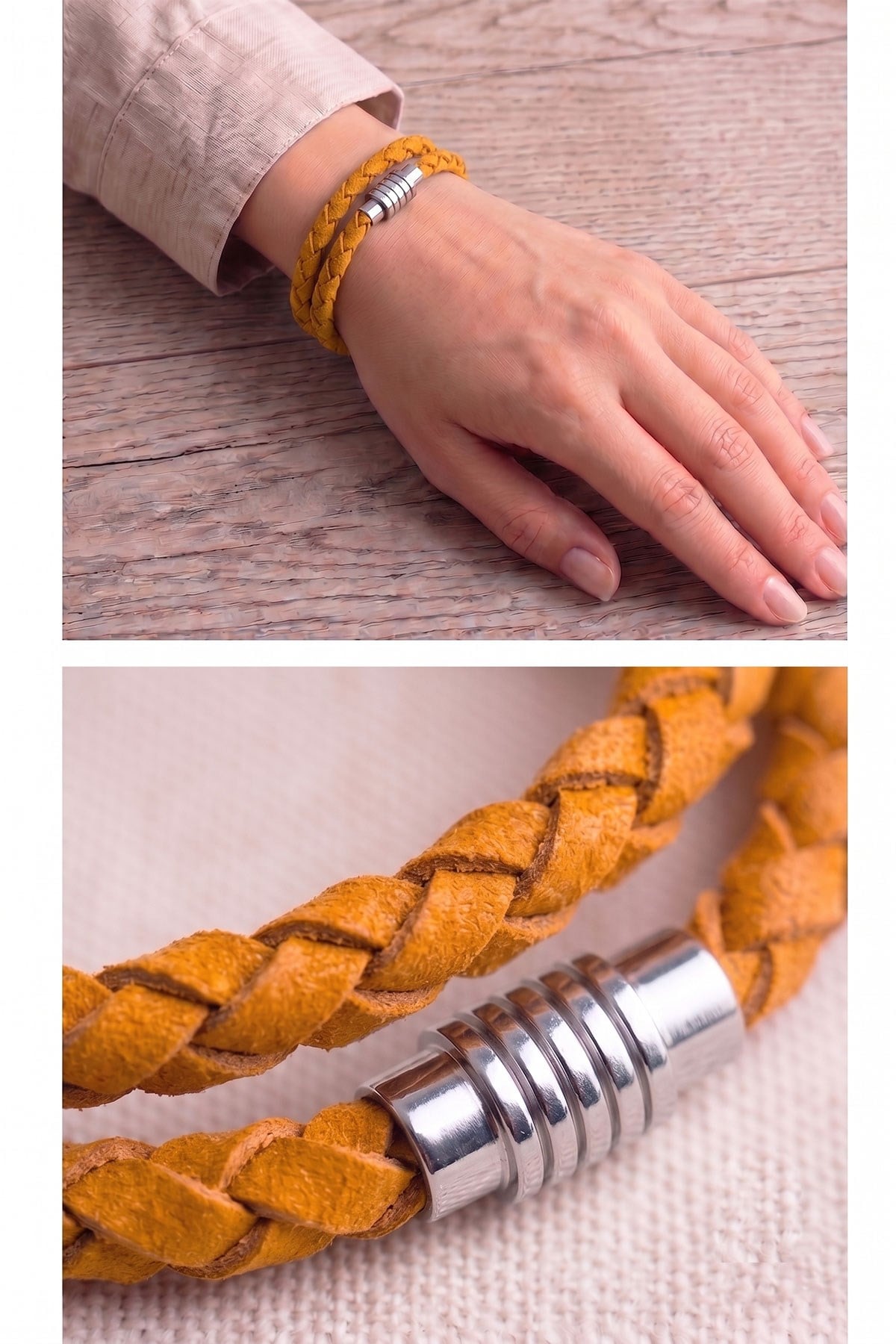 Mustard Knitted Leather Bracelet