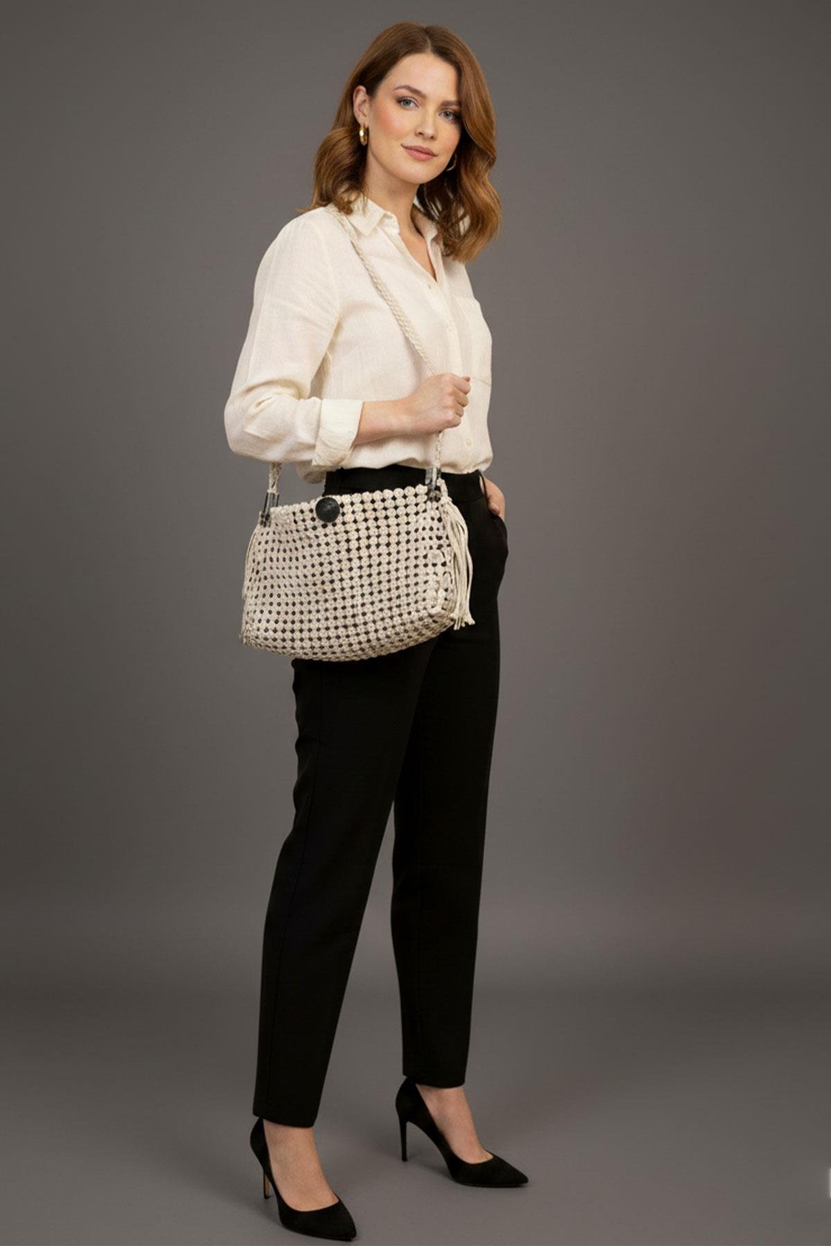 Hera Gri El Örgü Hakiki Deri Çanta