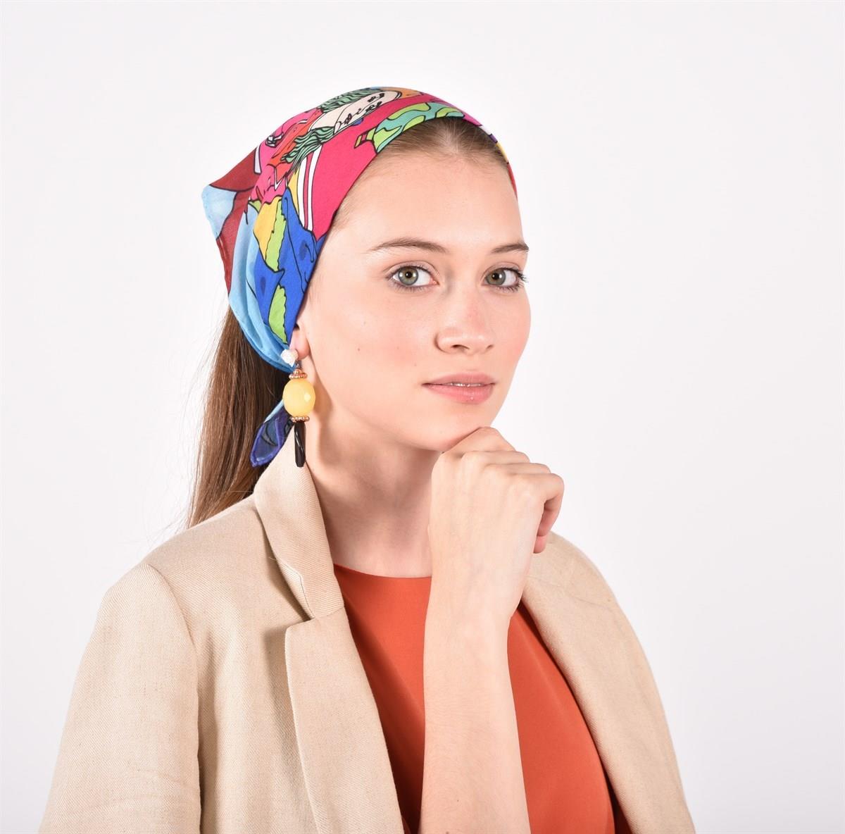 İkigai City Serisi Kapadokya Özel Tasarım El Çizim Renkli Çok Fonksiyonlu Renkli Kare 45X45 Bandana