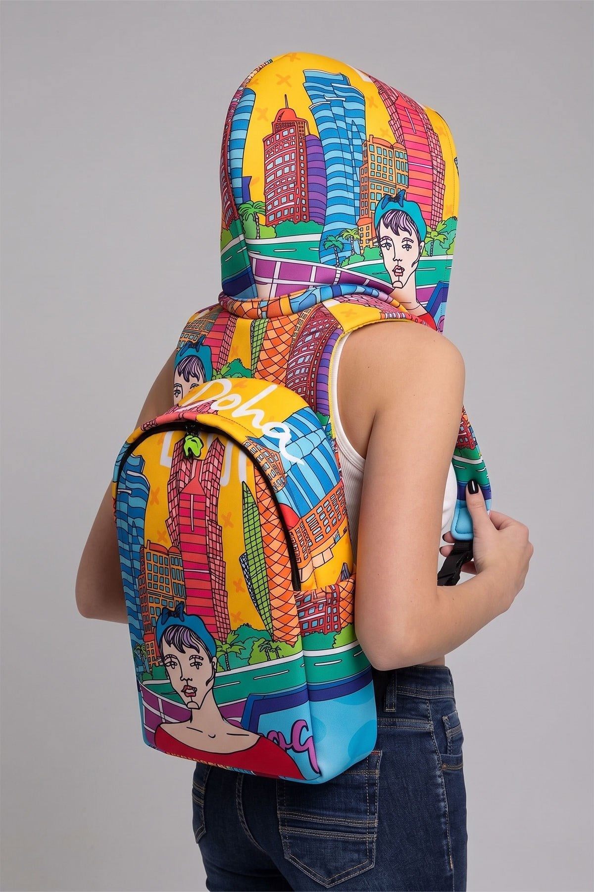 Ikigai City Series Back to School Doha Patterned Detachable Hooded Lightweight Notebook Pocket Backpack