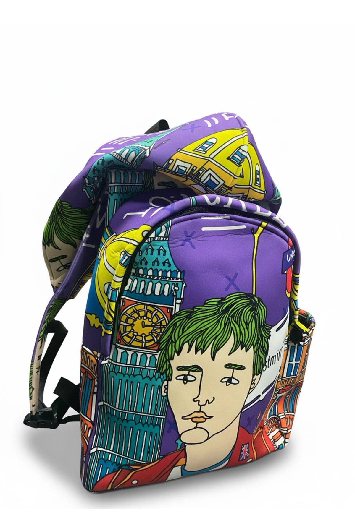 İkigai City Serisi Okula Dönüş London Desenli Çıkabilir Kapüşonlu Hafif Notebook Cepli Sırt Çantası