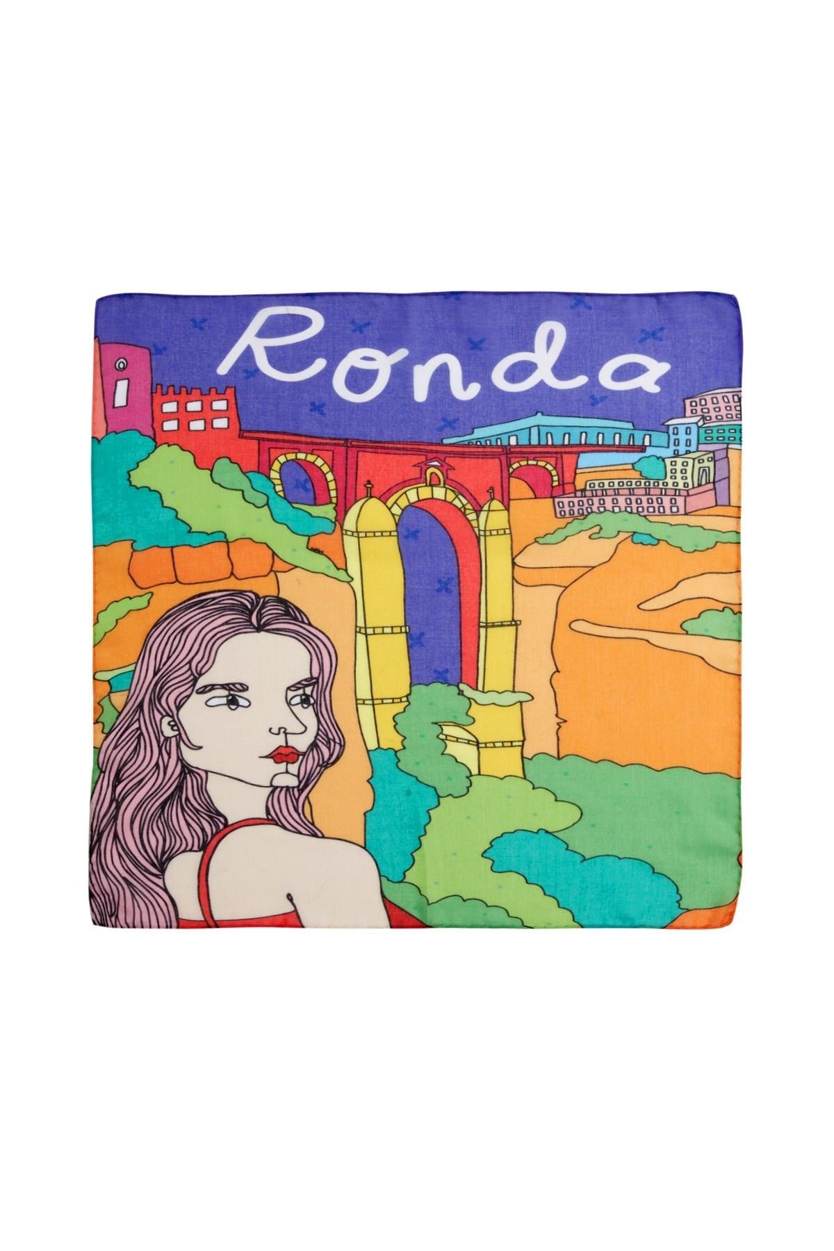 İkigai City Serisi Ronda Özel Tasarım El Çizim Renkli Çok Fonksiyonlu Renkli Kare 45X45 Bandana