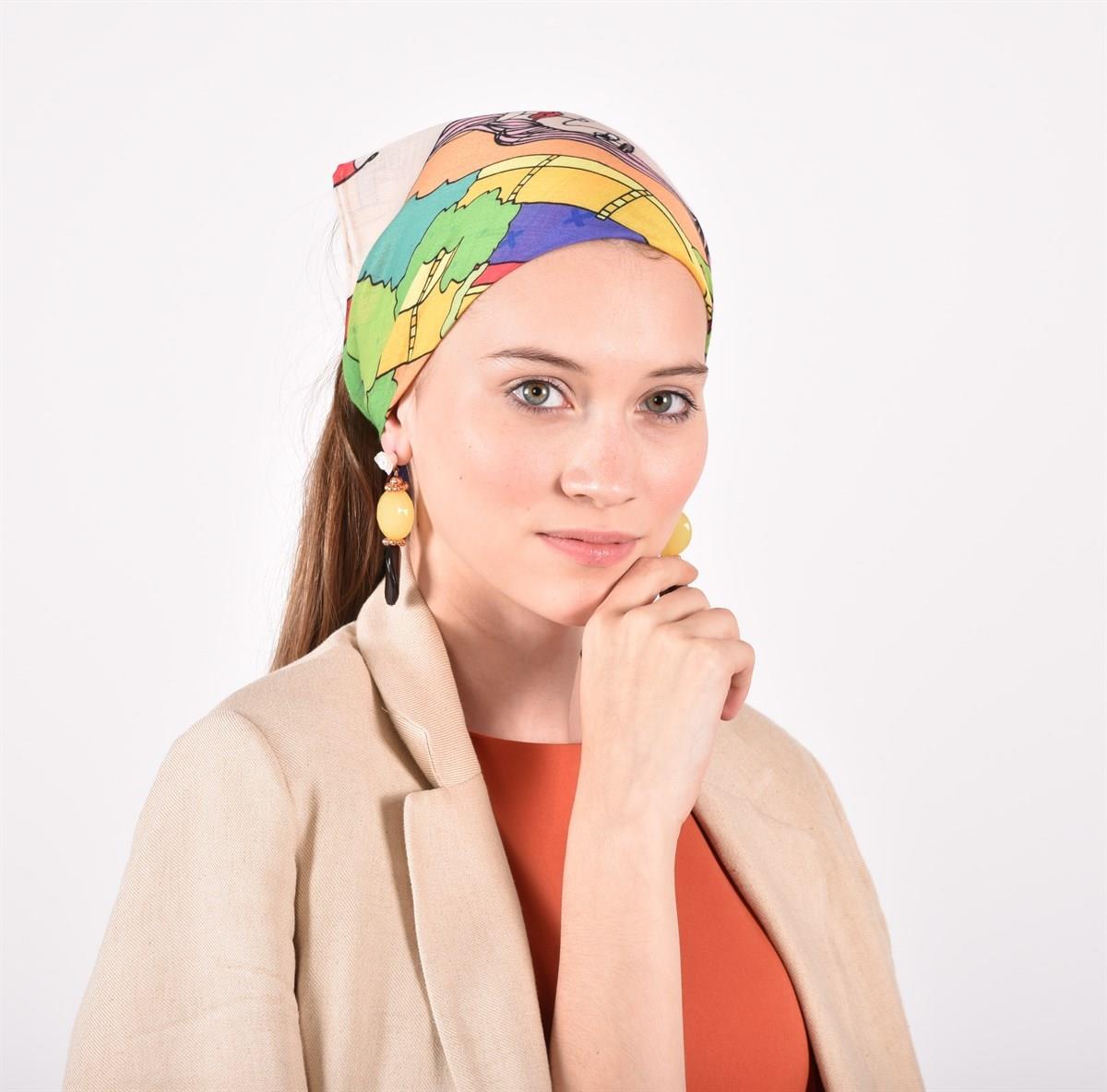 İkigai City Serisi Ronda Özel Tasarım El Çizim Renkli Çok Fonksiyonlu Renkli Kare 45X45 Bandana