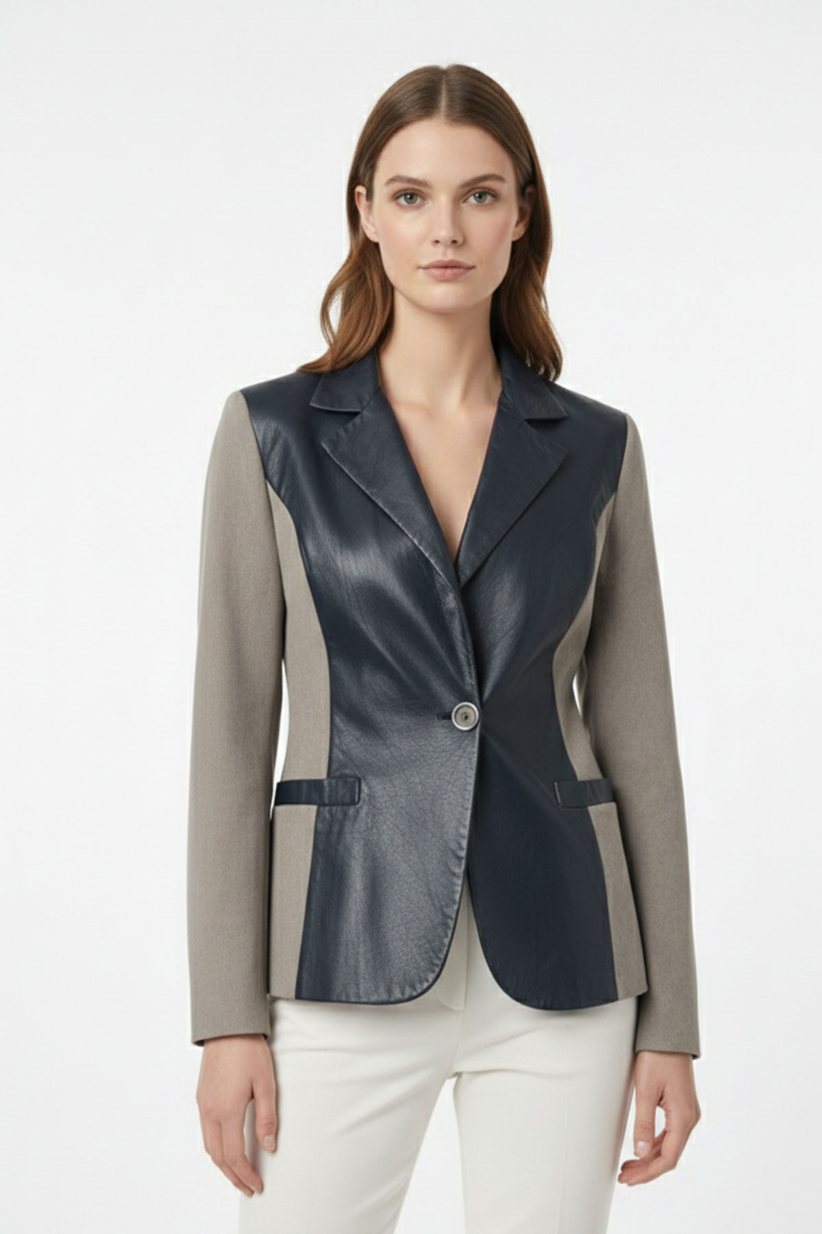 İndigo Jane Blazer Kumaş Garnili Kadın Hakiki Deri Ceket