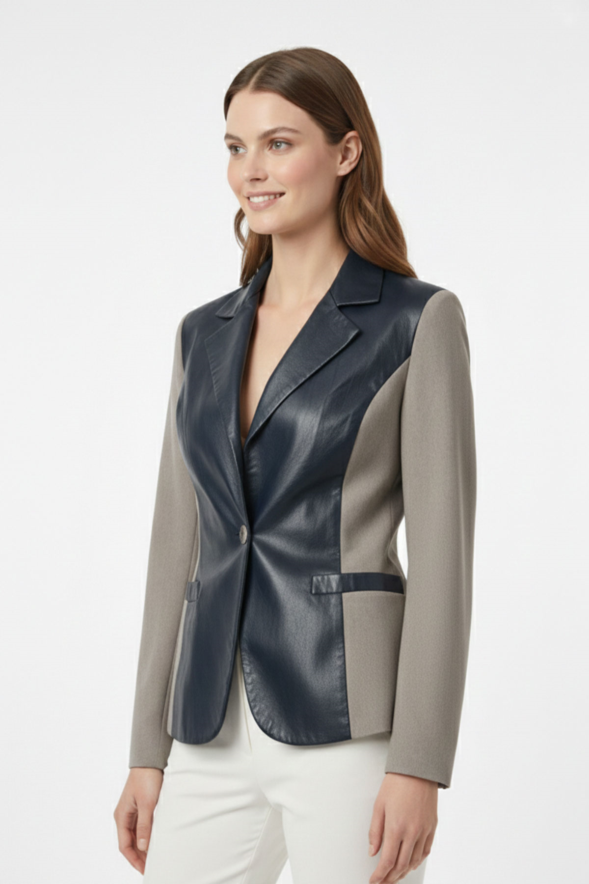 İndigo Jane Blazer Kumaş Garnili Kadın Hakiki Deri Ceket