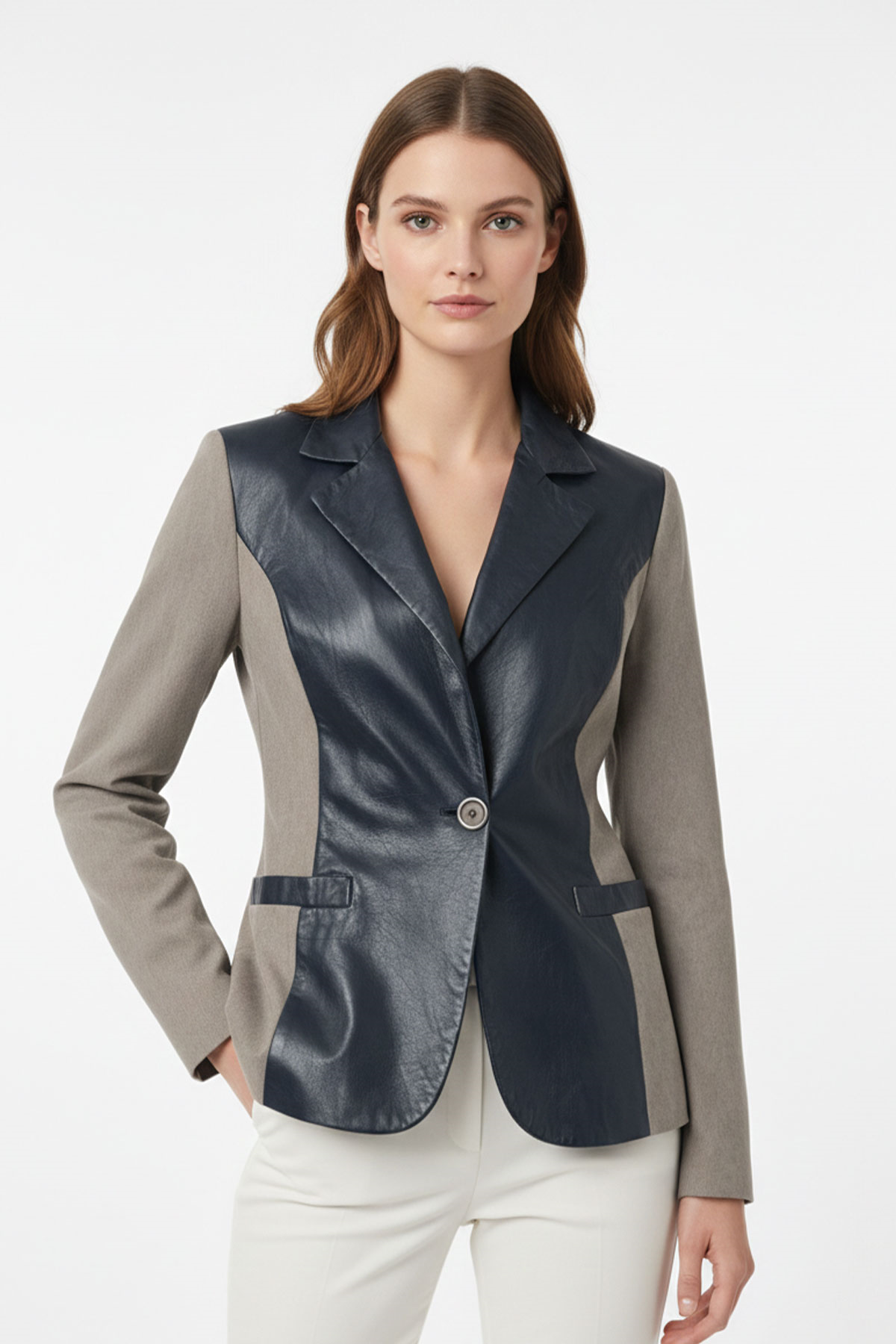 İndigo Jane Blazer Kumaş Garnili Kadın Hakiki Deri Ceket