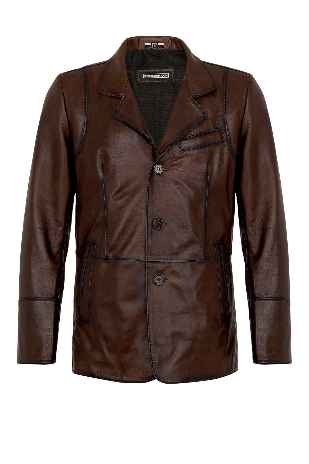 Kahve Blazer Düğmeli Astarlı Erkek Hakiki Deri Ceket
