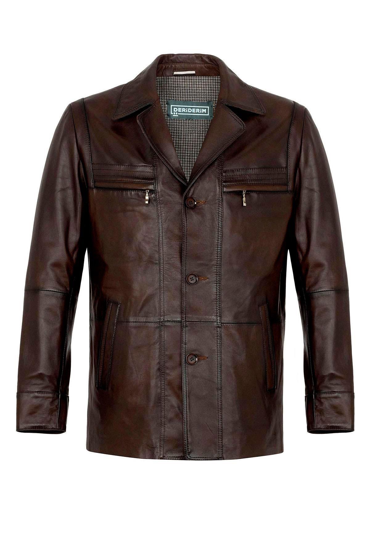 Kahve Douglas Düğmeli Astarlı Bele Oturan Erkek Hakiki Deri Ceket