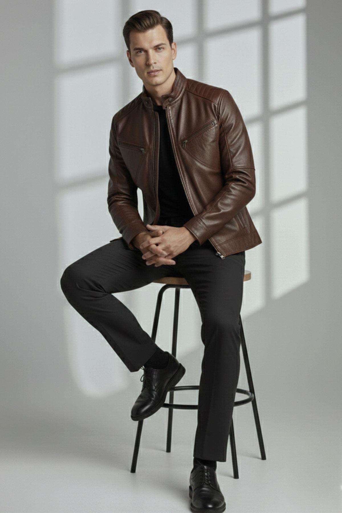 Kahve Hector Hakim Yaka Fermuarlı Astarlı Erkek Hakiki Deri Mont